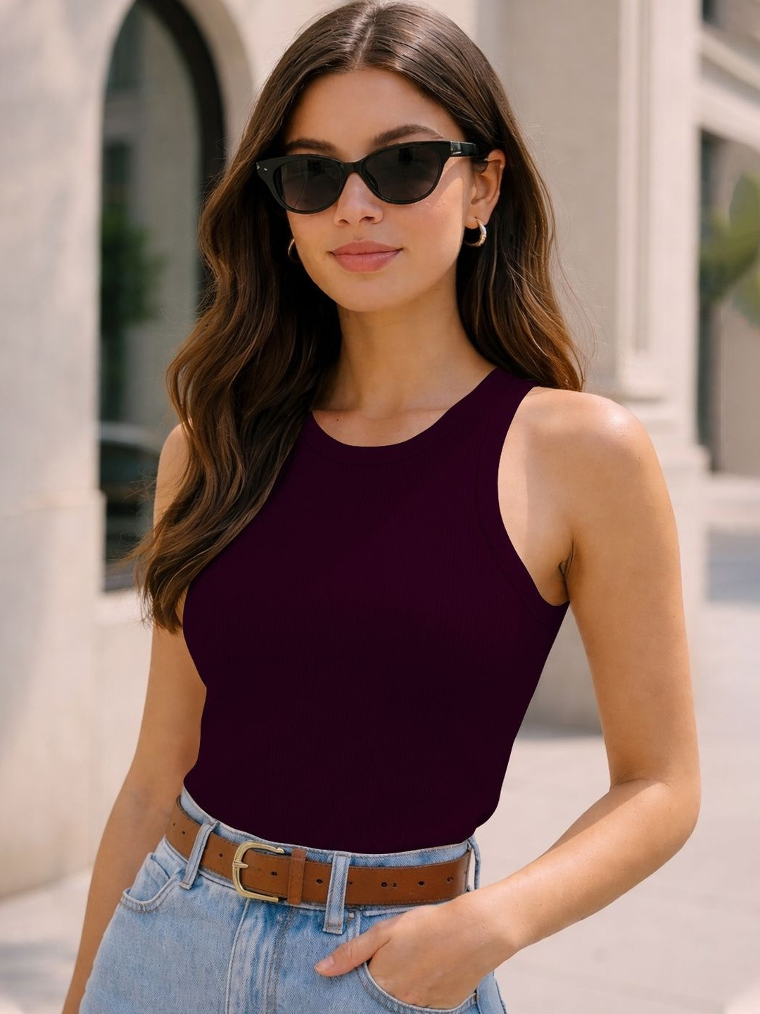 Maroon Ribbed Solid Sleeveless Regular Top