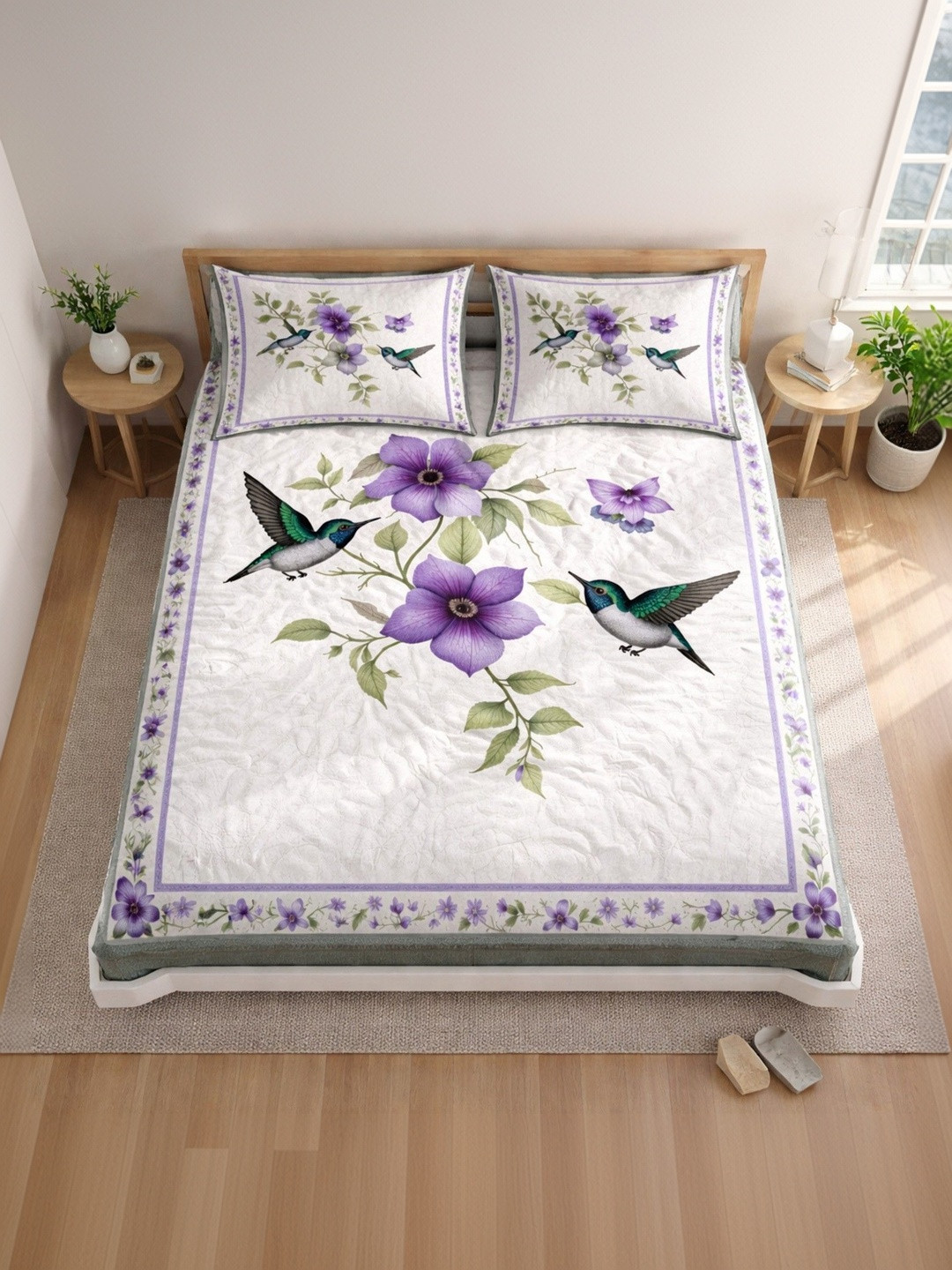 ButterThread White Floral 150 TC King Bedsheet with 2 Pillow Covers
