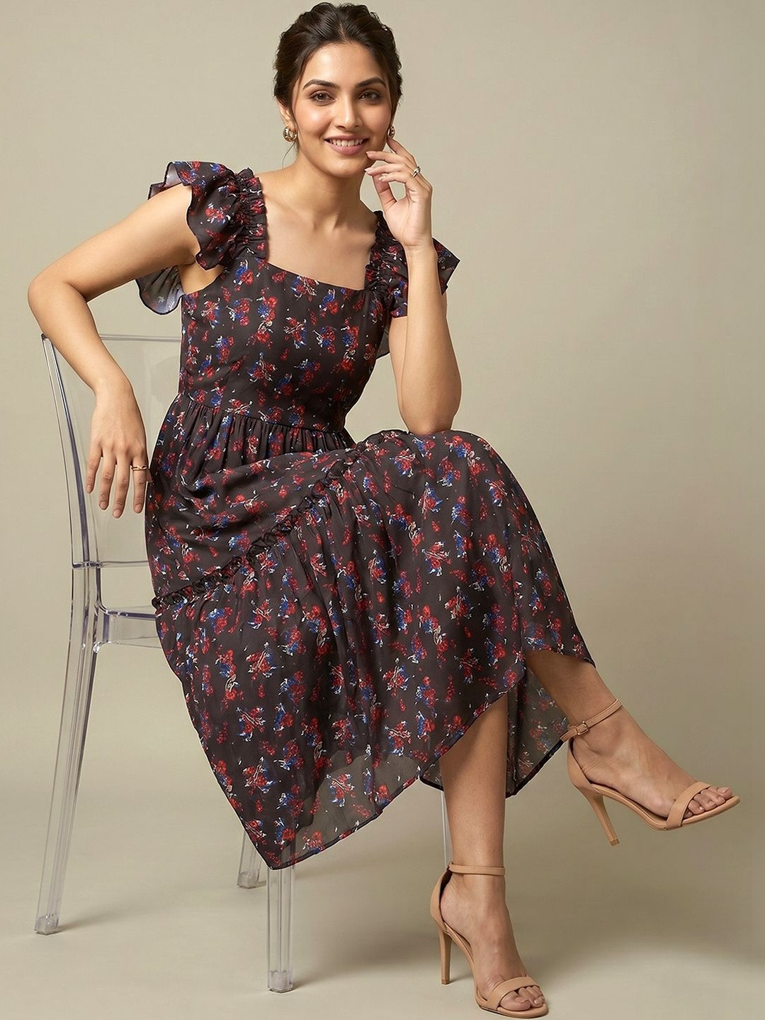 ADDYVERO Floral Print Flutter Sleeve Ruffled Fit & Flare Dress