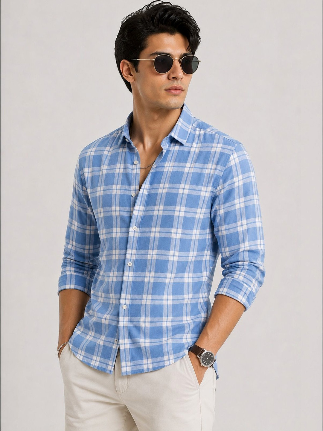 XENOR Men Slim Fit Windowpane Checks Checked Casual Shirt