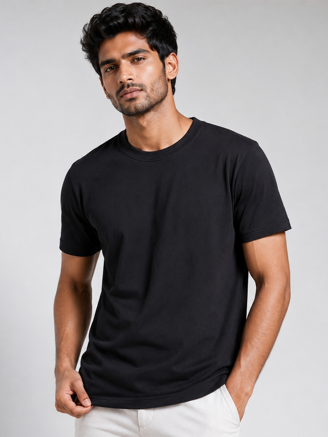 RINO7 Men Cotton Round Neck Black Tshirts