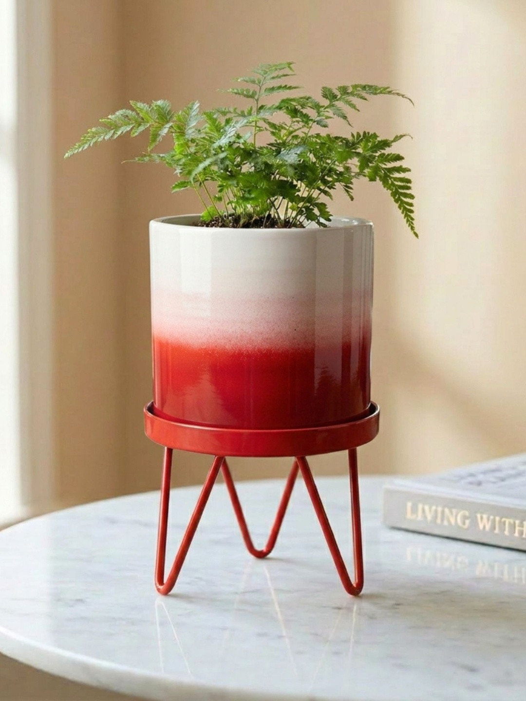 ecofynd Red & White Colour-Blocked Metal Planter With Stand