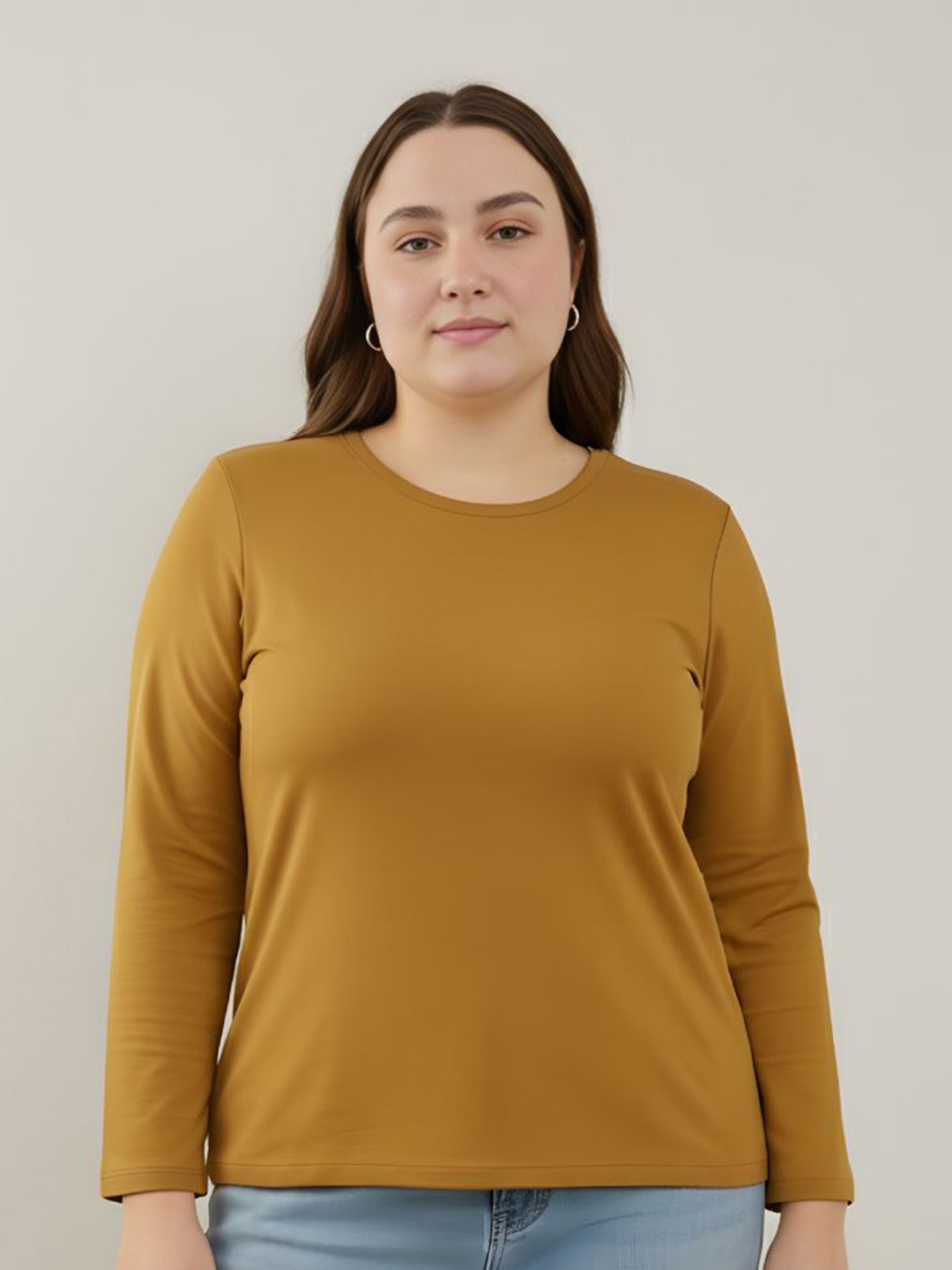 GlamZei Women Plain Solid Color Full Sleeves Round Neck Pure Cotton T-Shirt