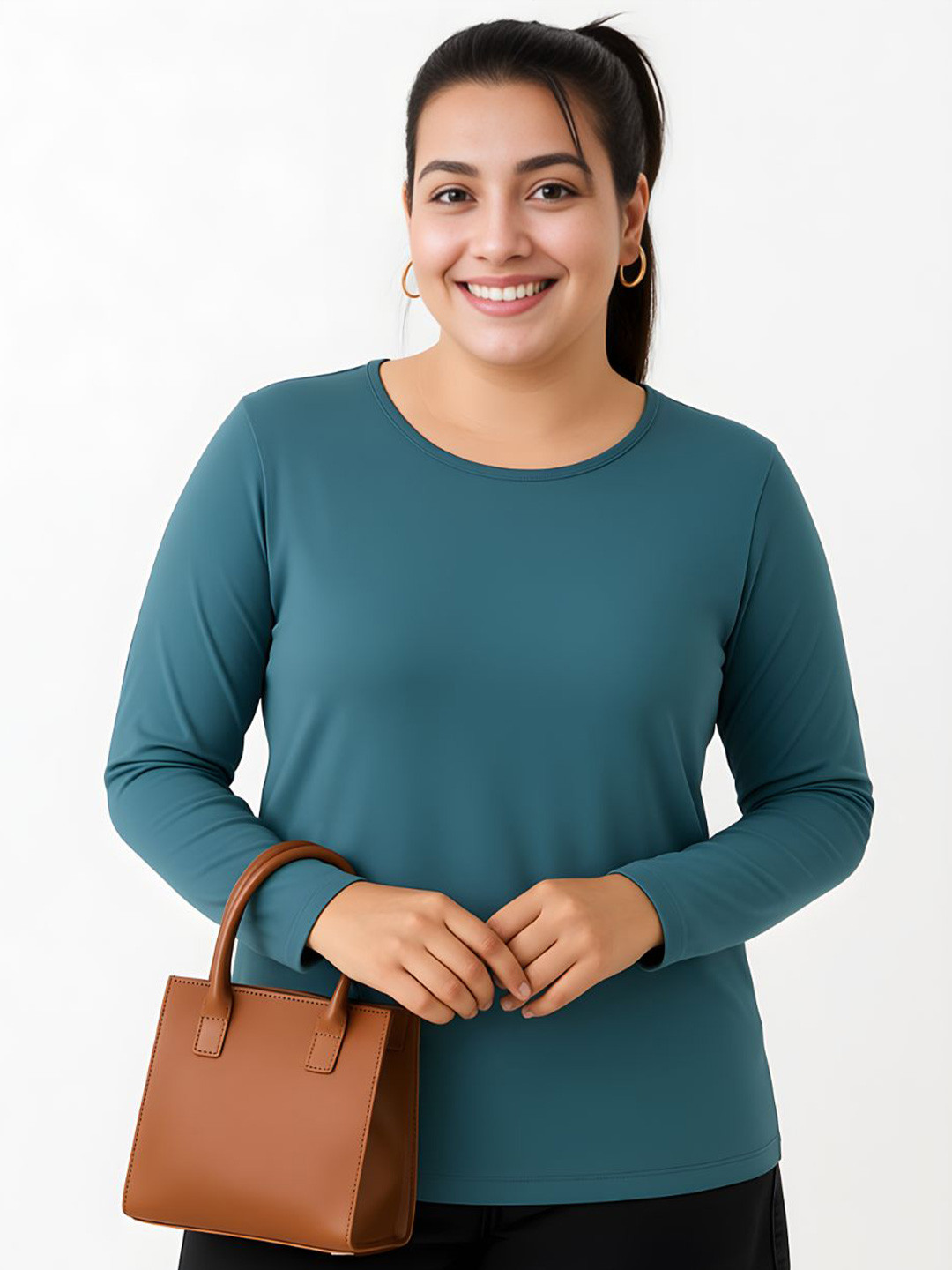 GlamZei Women Plain Solid Color Full Sleeves Round Neck Pure Cotton T-Shirt
