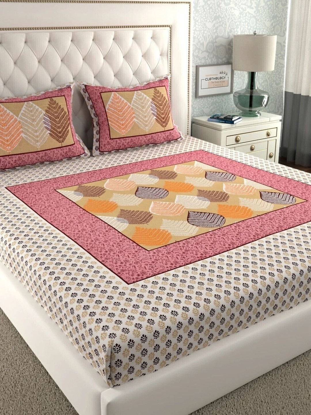 CLOTHOLOGY Rose Pink Heritage Leaf Aranya Heritage Cotton Double Flat 104 TC Jaipuri Prints Bedsheet Set