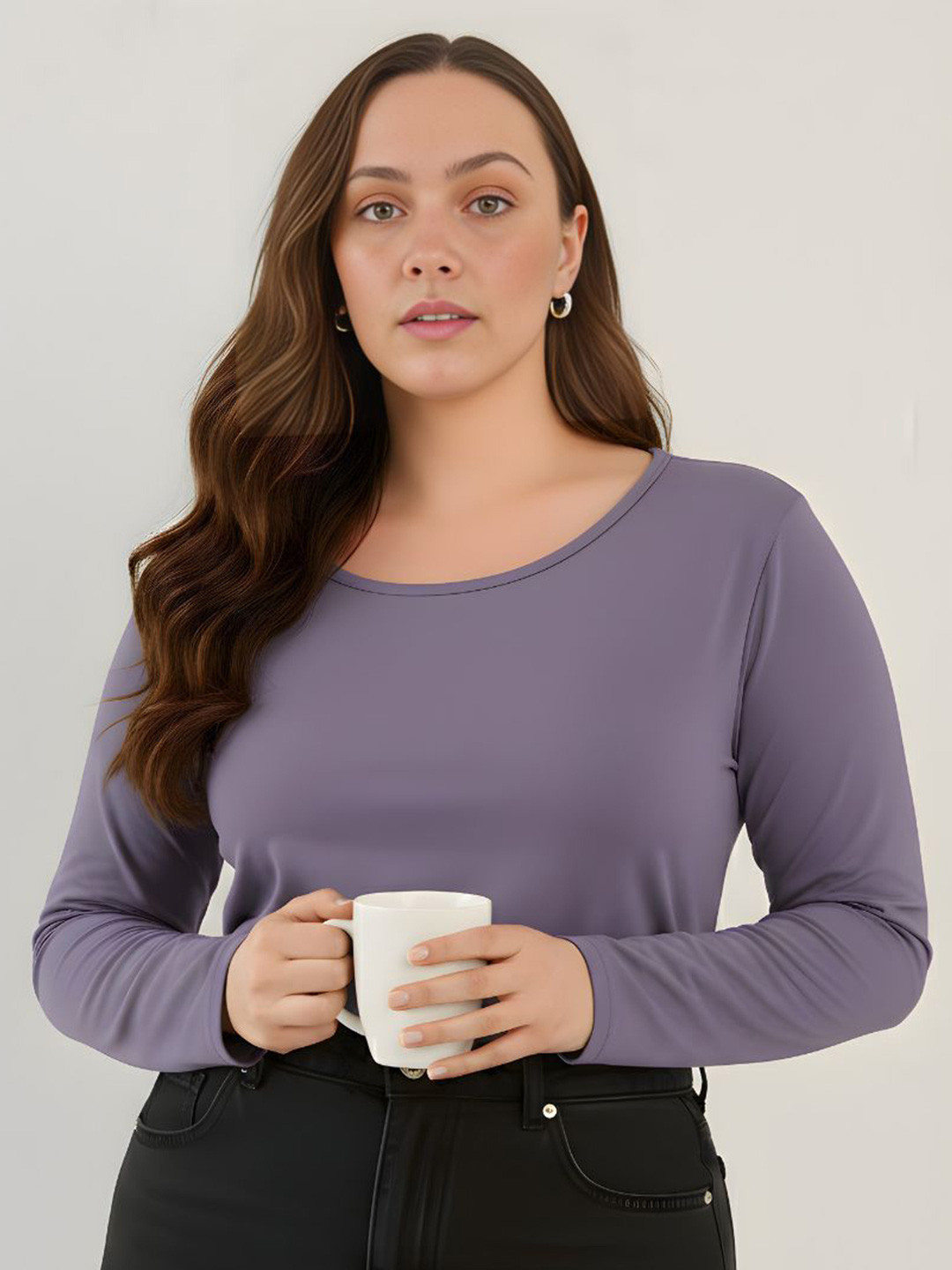 GlamZei Women Plain Solid Color Full Sleeves Round Neck Pure Cotton T-Shirt