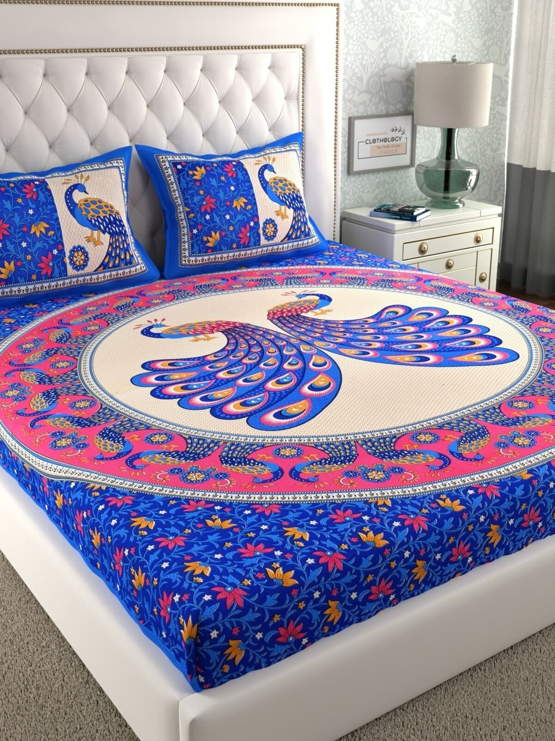 CLOTHOLOGY Sapphire Blue Traditional Peacock The Royal Mayura Collection Cotton Double Flat 104 TC Jaipuri Prints Bedsheet Set