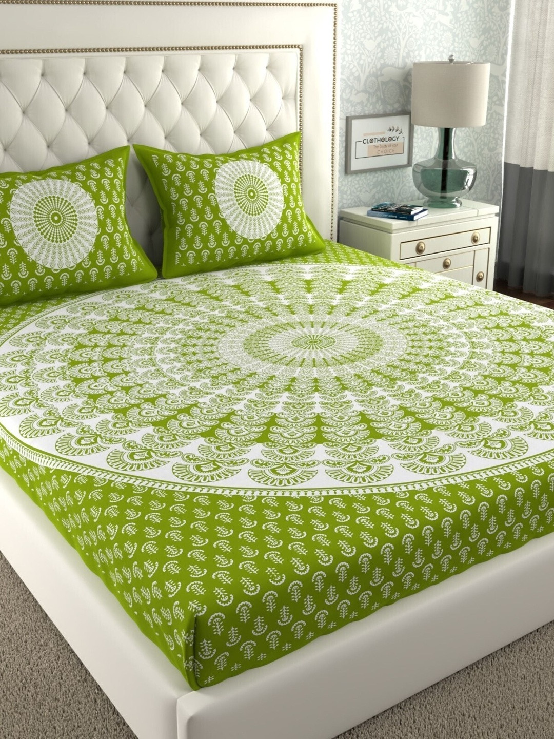 CLOTHOLOGY Verdant Green Mandala Medallion The Ananya Heritage Collection Cotton Double Flat 104 TC Jaipuri Prints Bedsheet Set