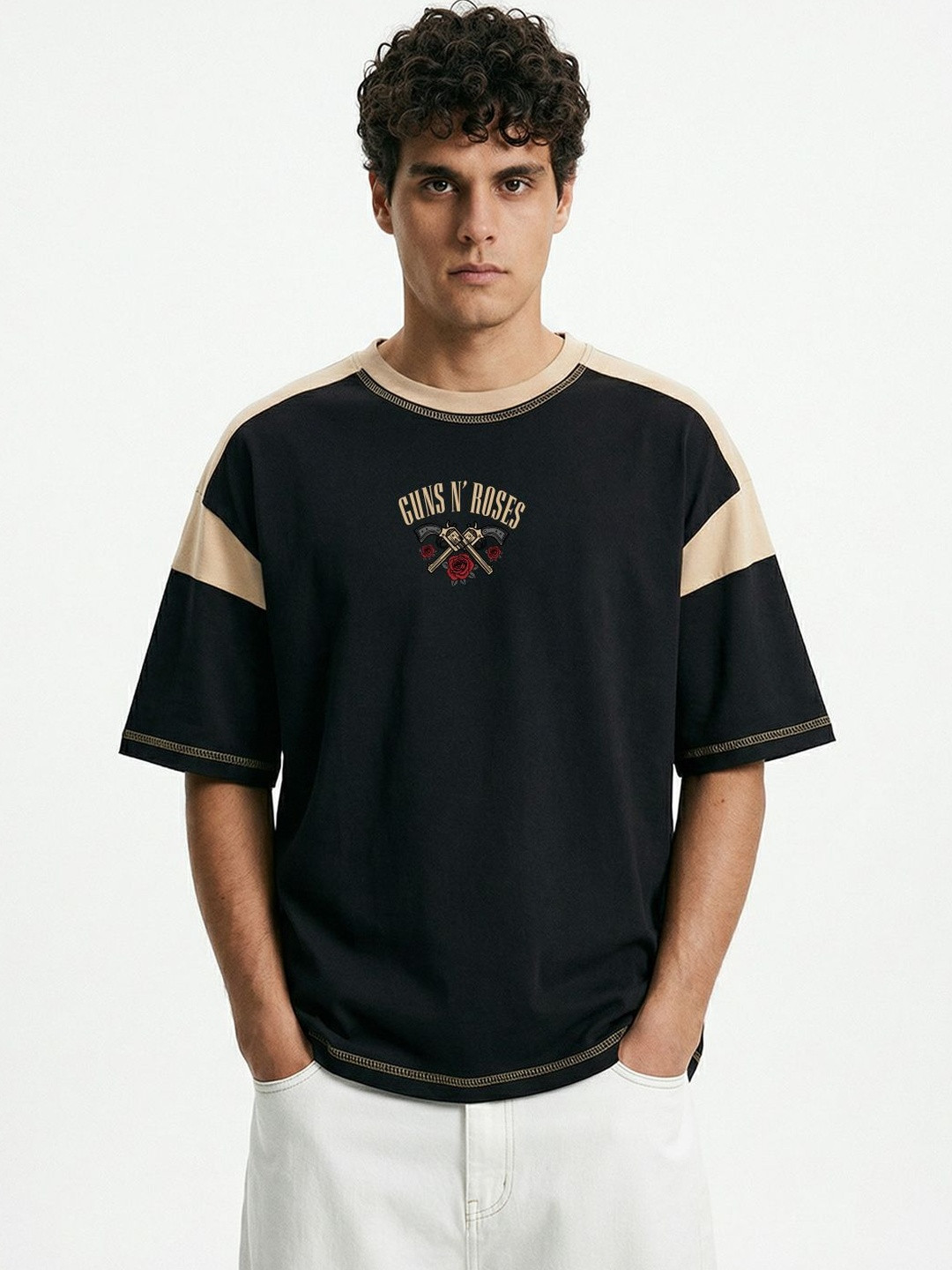Crazymonk Men Gun Roses Black Beige Typography Printed Extended Sleeves Oversized Fit T-shirt