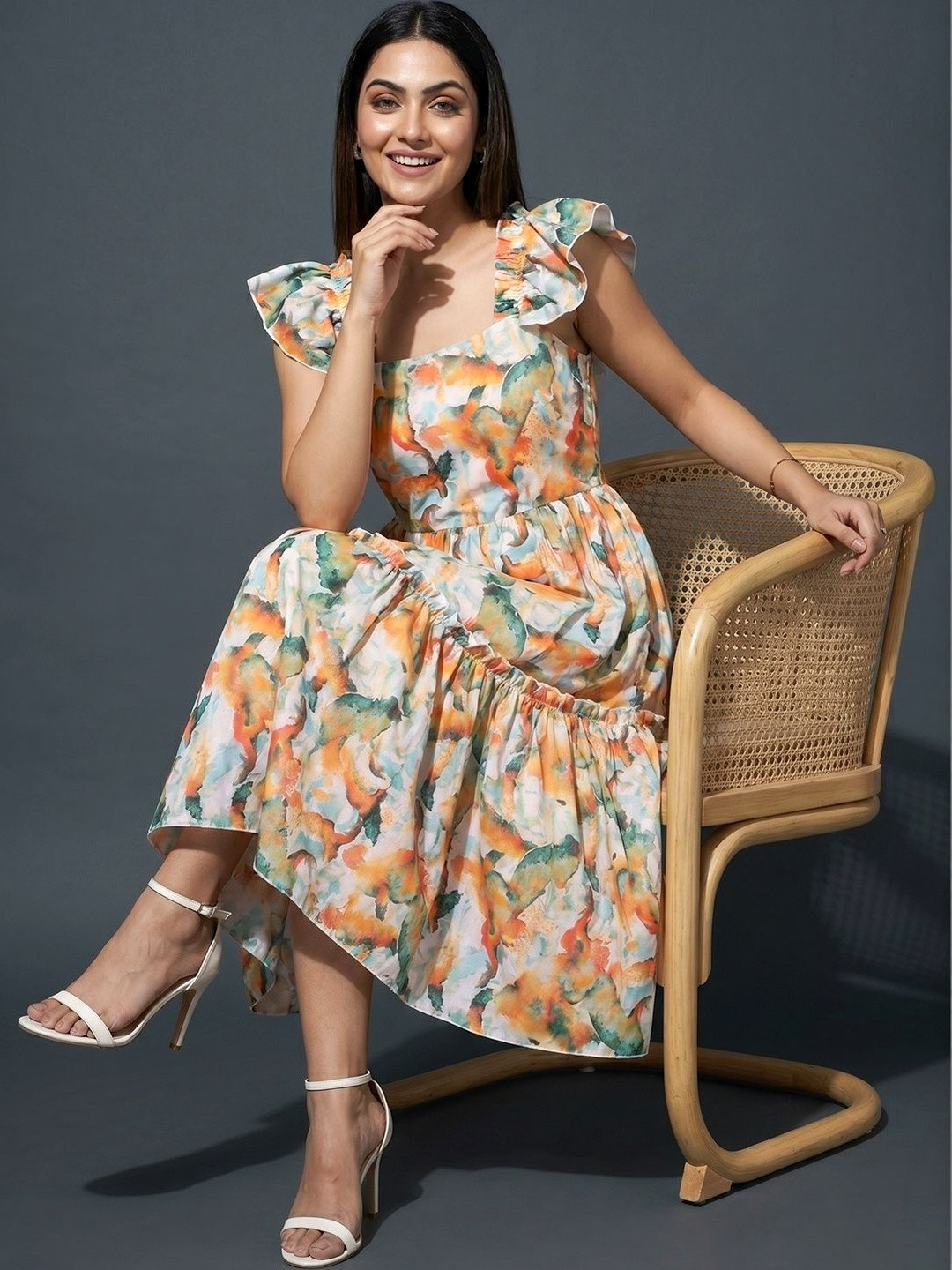 ADDYVERO Floral Print Flutter Sleeve A-Line Midi Dress