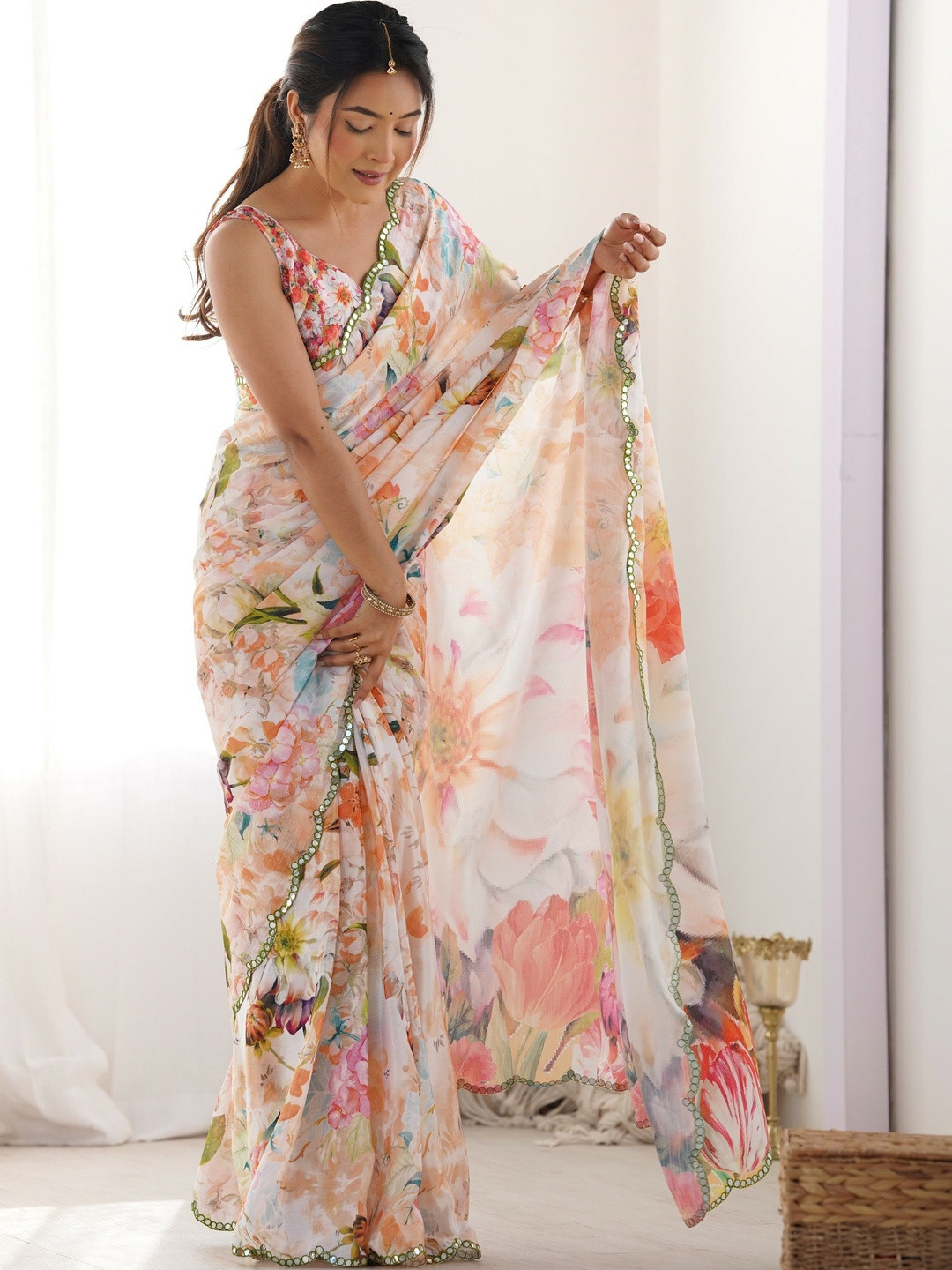 Koodii Designers Floral Mirror Work Poly Chiffon Saree