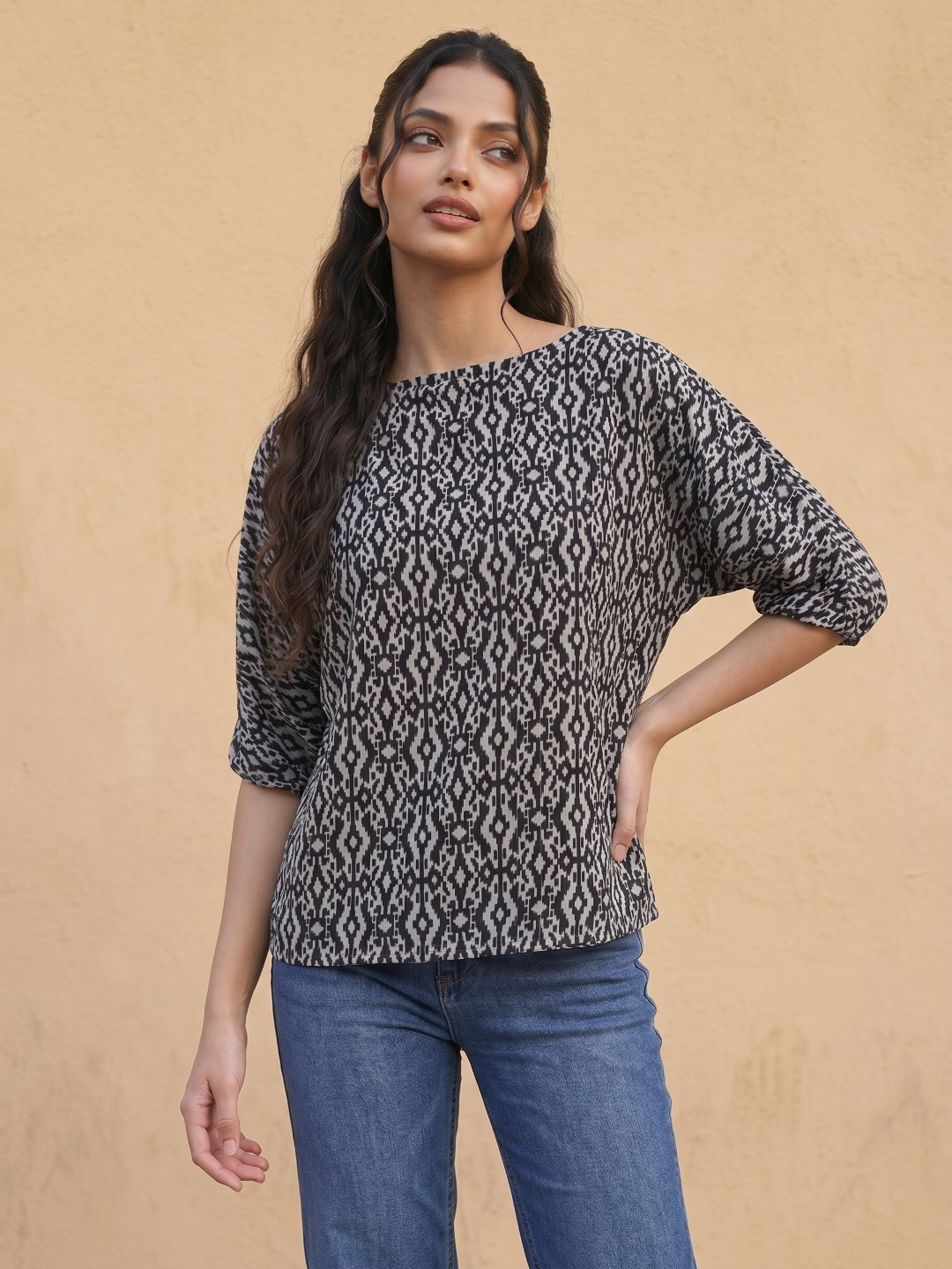 fusion by glitchez Abstract Print Boat Neck Extended Sleeves Top