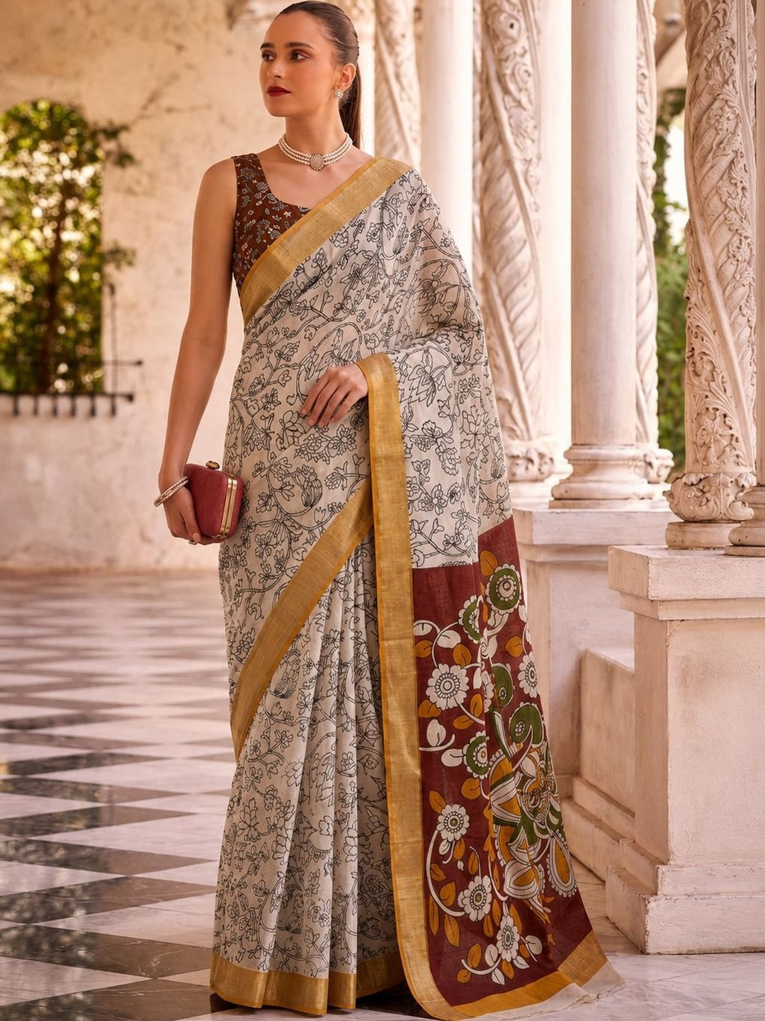 Varutex Kalamkari Linen Blend Handloom Khadi Saree