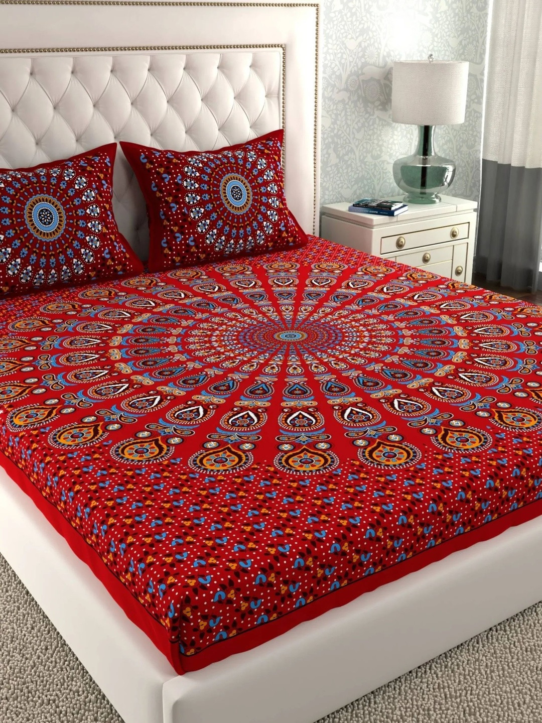 CLOTHOLOGY Red Mandala Print The Heritage Tapestry Cotton Double Flat 104 TC Jaipuri Prints Bedsheet Set