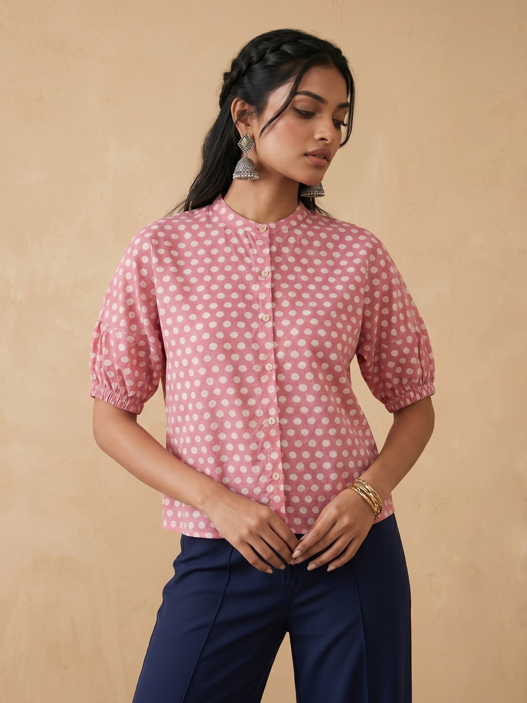 Pink Floral Print High Neck Puff Sleeve Boxy Top