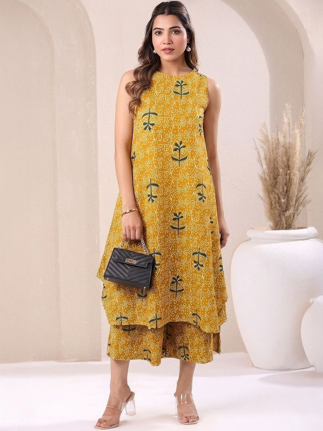 Janasya Women Floral Printed Panelled Pure Cotton Kurta with Palazzos