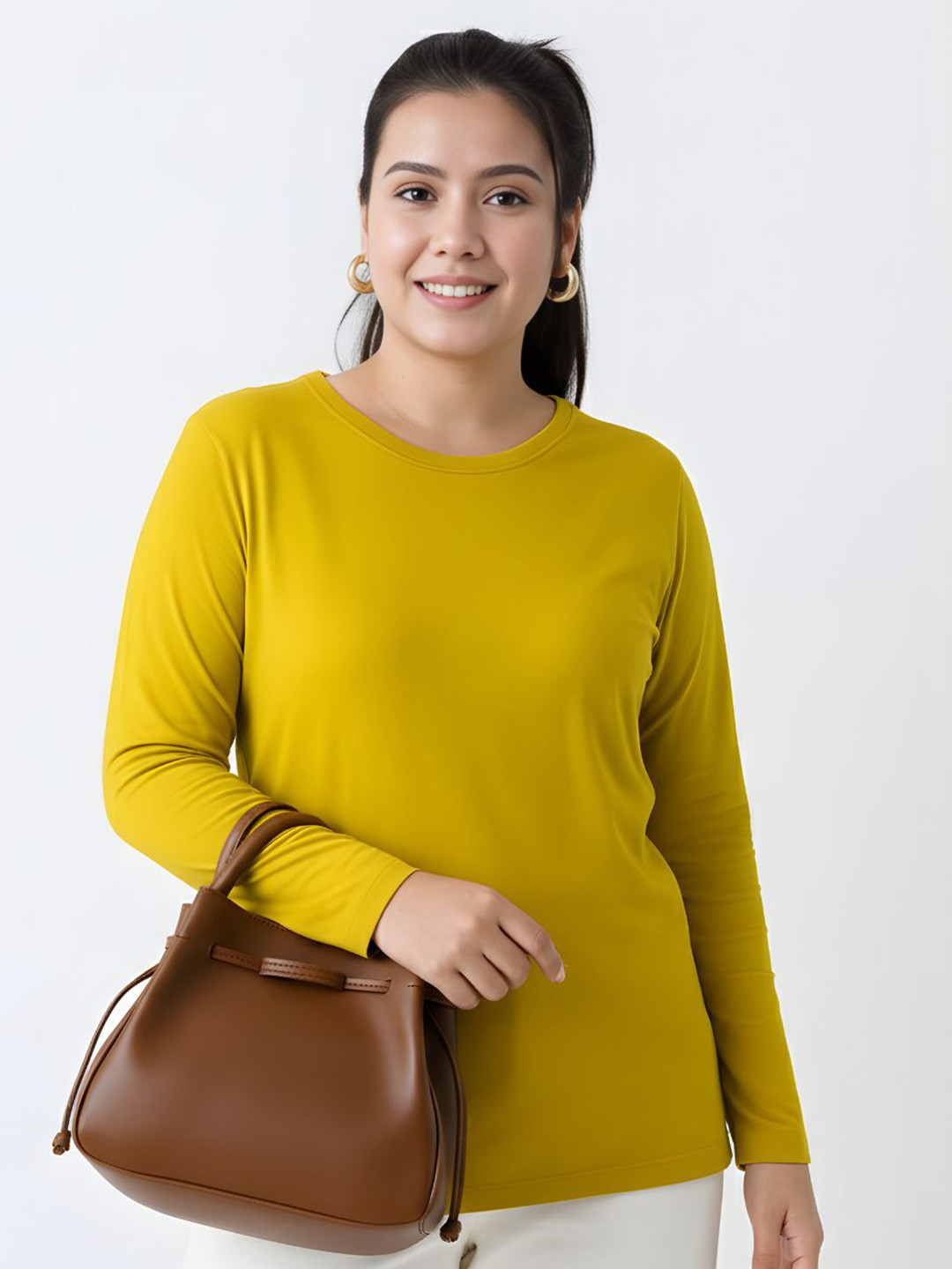 GlamZei Women Mustard Yellow Solid Cotton Long Sleeve Round Neck Regular T-Shirts