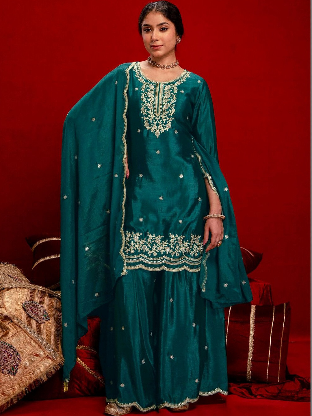 Sangria Women Ethnic Motifs Embroidered Regular Thread Work Kurta with Sharara & With Dupatta