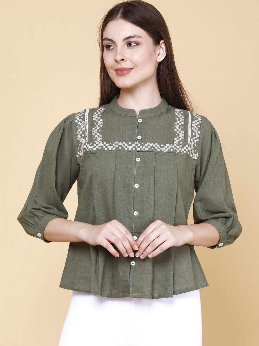 Olive Green Embroidered High Neck Puff Sleeve Top