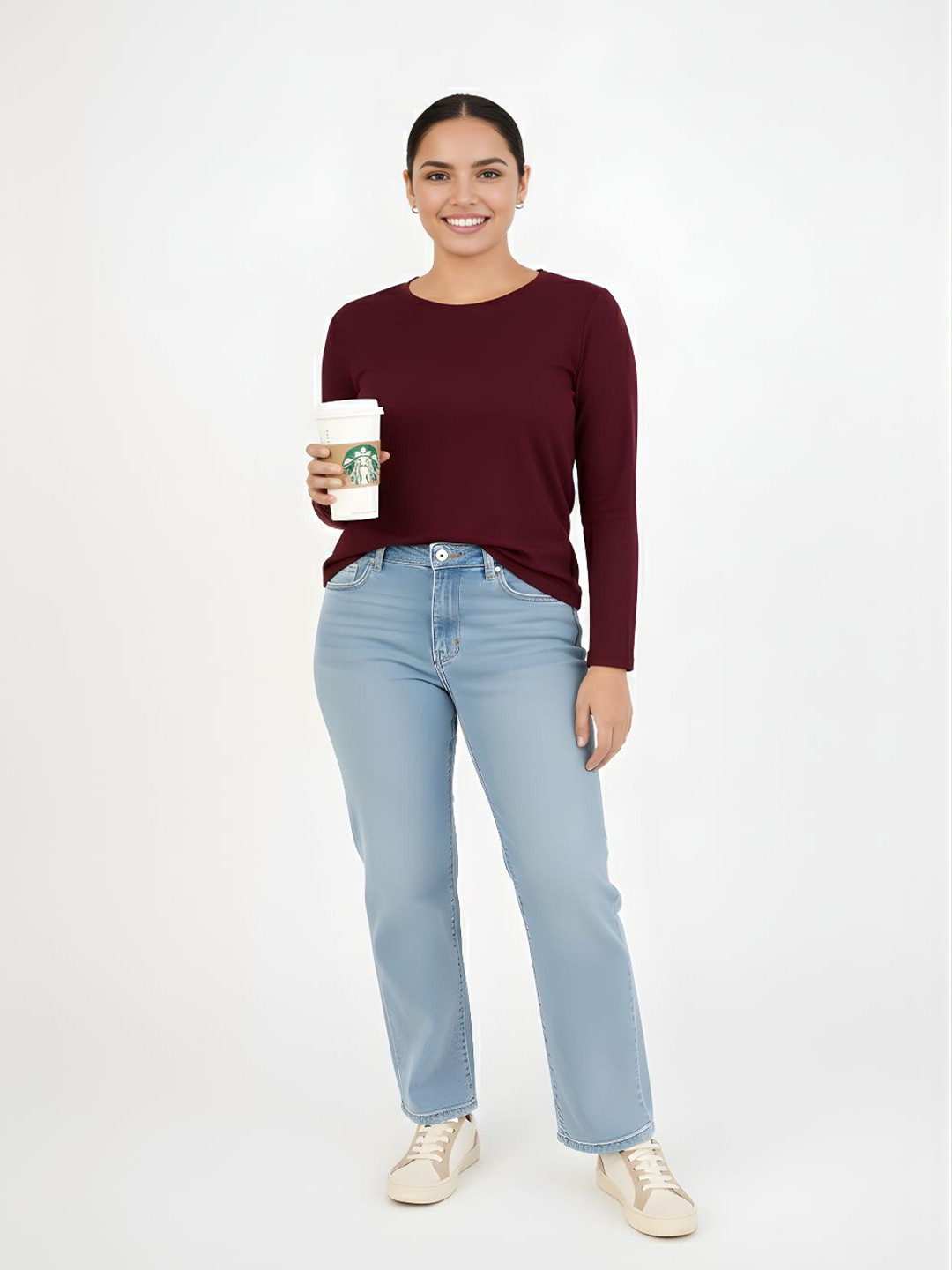 GlamZei Women Plain Solid Color Full Sleeves Round Neck Pure Cotton T-Shirt