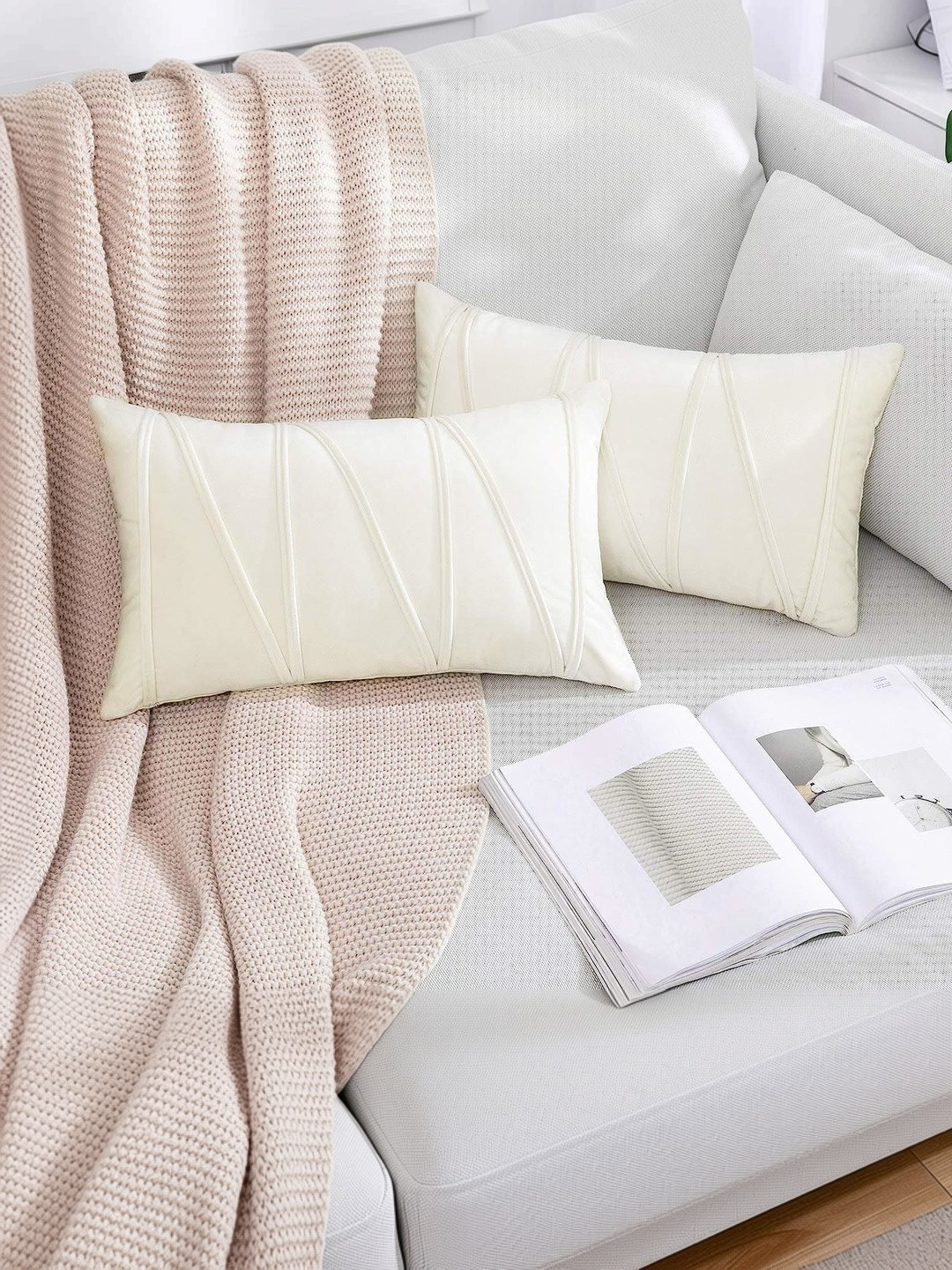 Khooti Cream-Coloured 2 Pieces Chevron Velvet Rectangle Cushion Covers