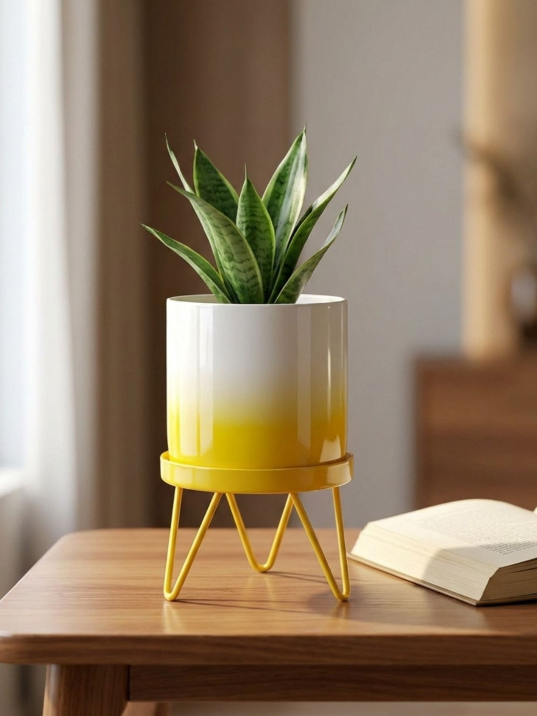 ecofynd Yellow & White Colour-Blocked Metal Planter With Stand