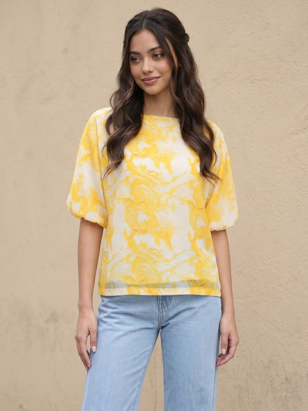 fusion by glitchez Abstract Print Boat Neck Extended Sleeves Top