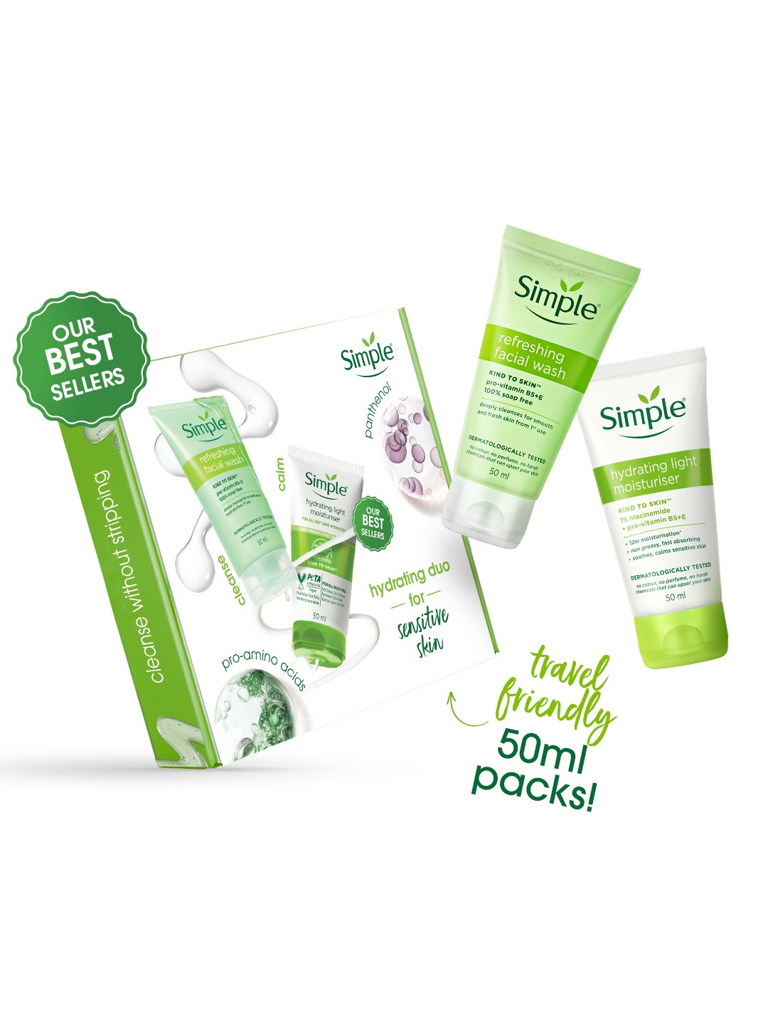 Simple Set Of Refreshing Face Wash & Hydrating Light Moisturizer Travel Kit - 50 ml Each