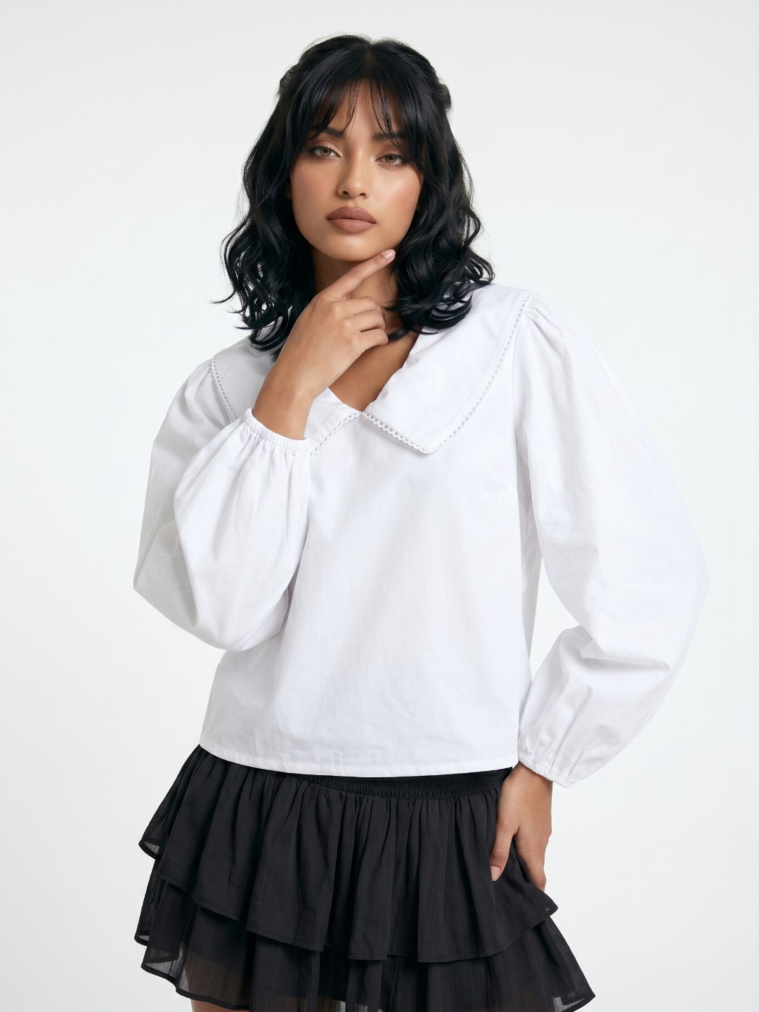 White Puff Sleeves Peter Pan Collar Cotton Top