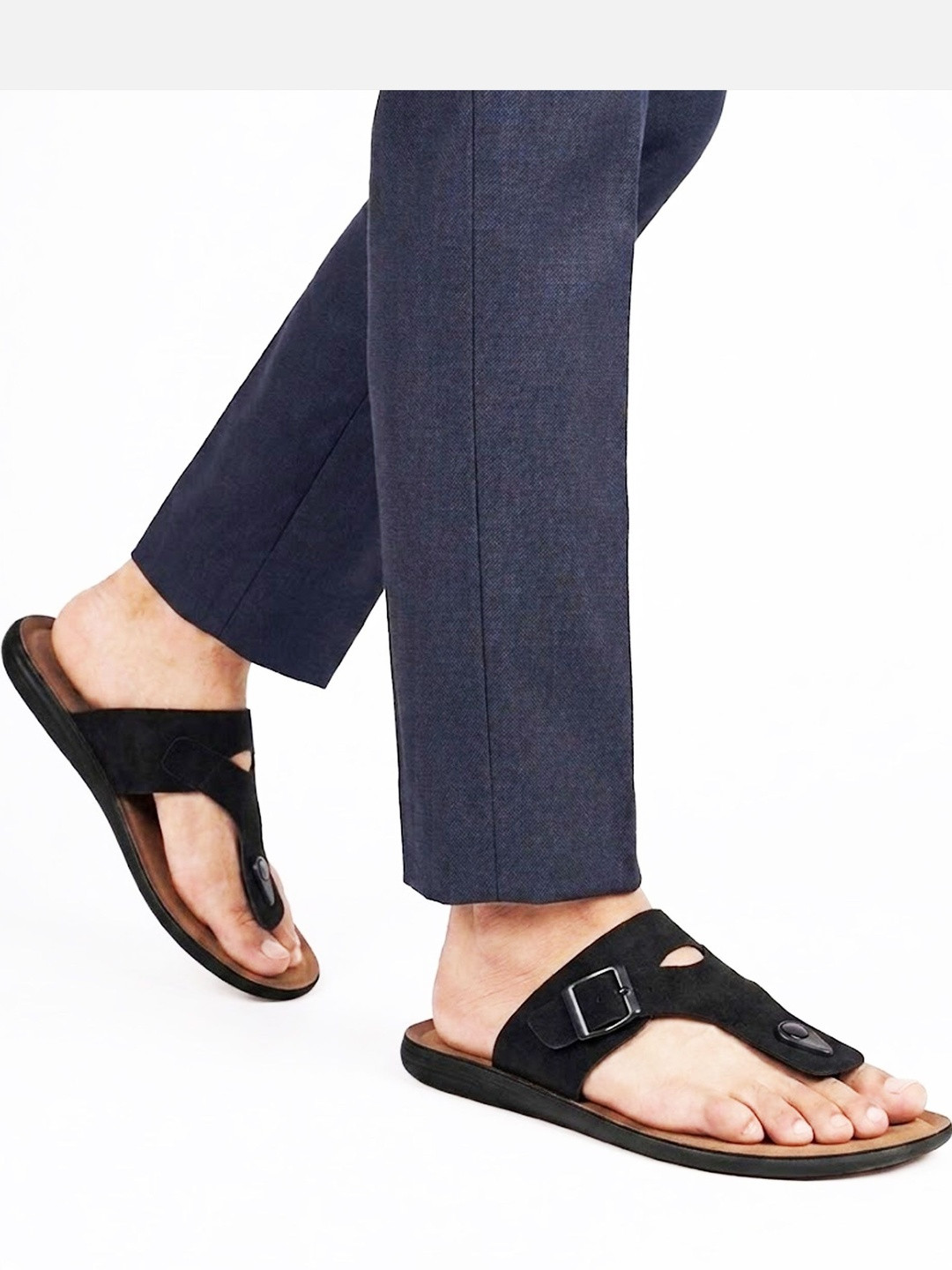 Binny Men Black Synthetic Leather Toe-Ring Sandals with Adjustable Buckle Strap