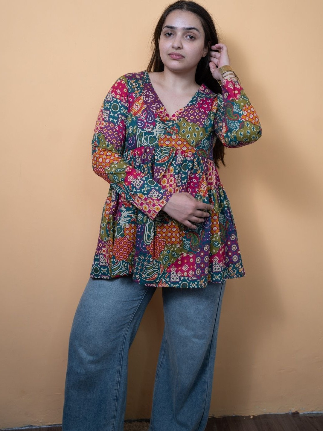 RAJAM Ethnic Motifs Printed V-Neck Pure Cotton Empire Kurti