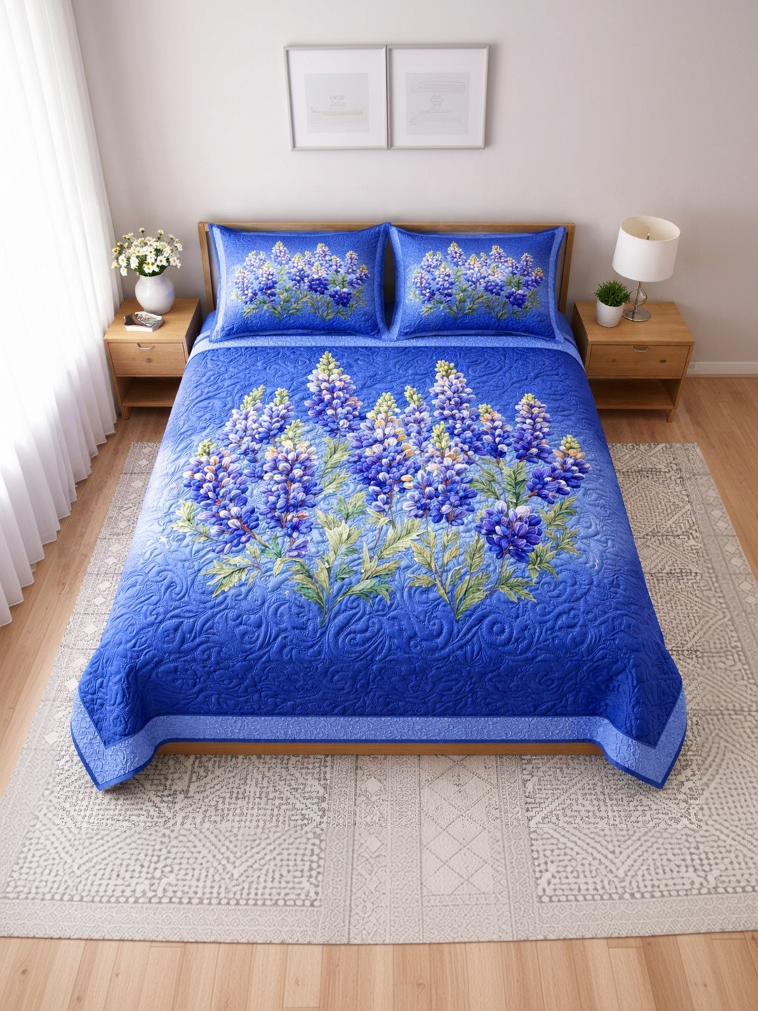 ButterThread Blue Floral 150 TC Double Bedsheet with 2 Pillow Covers