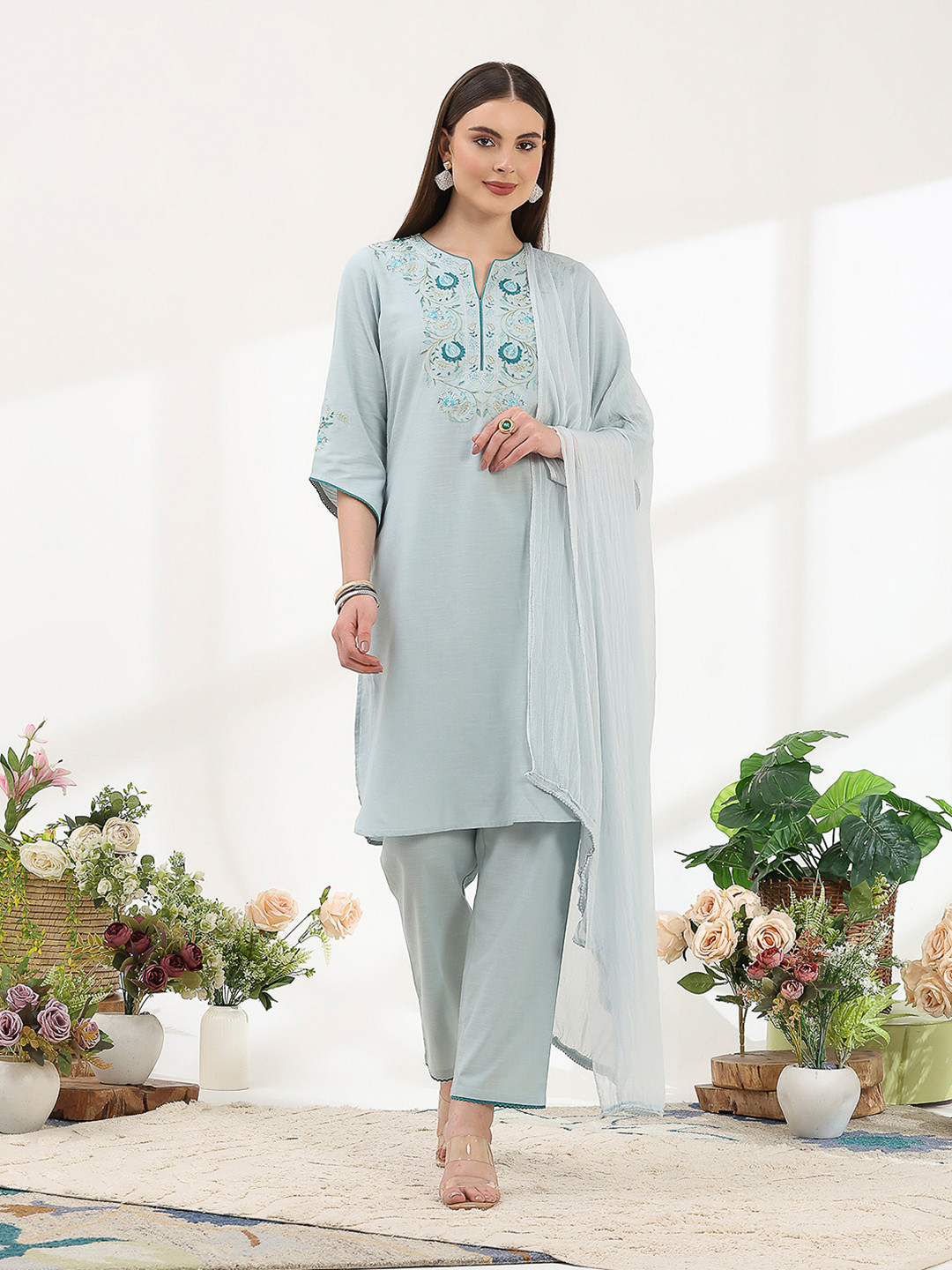 Nayam By Lakshita Embroidered Ethnic Motifs Straight Kurta Salwar Set With Dupatta