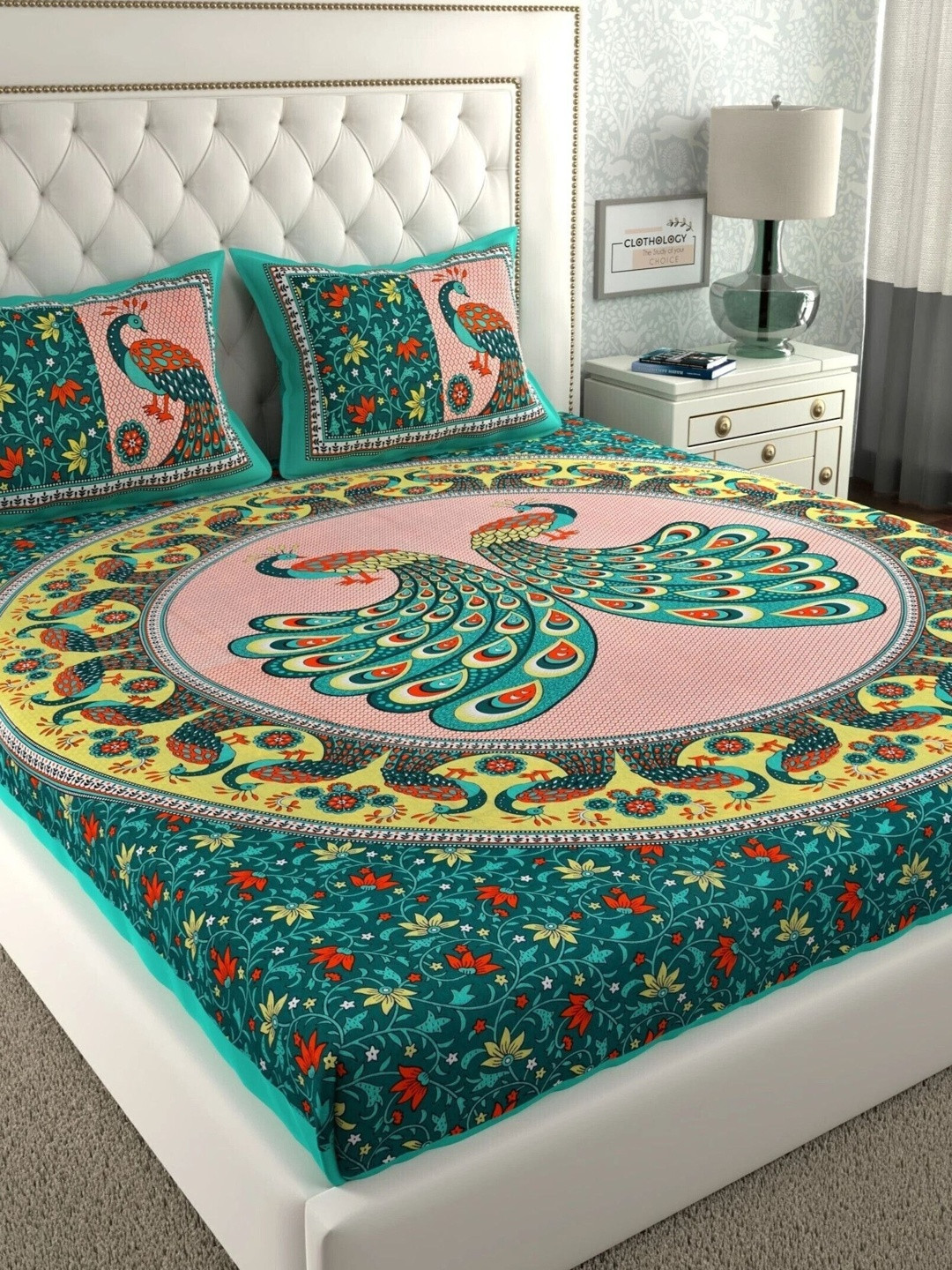 CLOTHOLOGY Emerald Teal Traditional Peacock The Royal Mayura Collection Cotton Double Flat 104 TC Jaipuri Prints Bedsheet Set