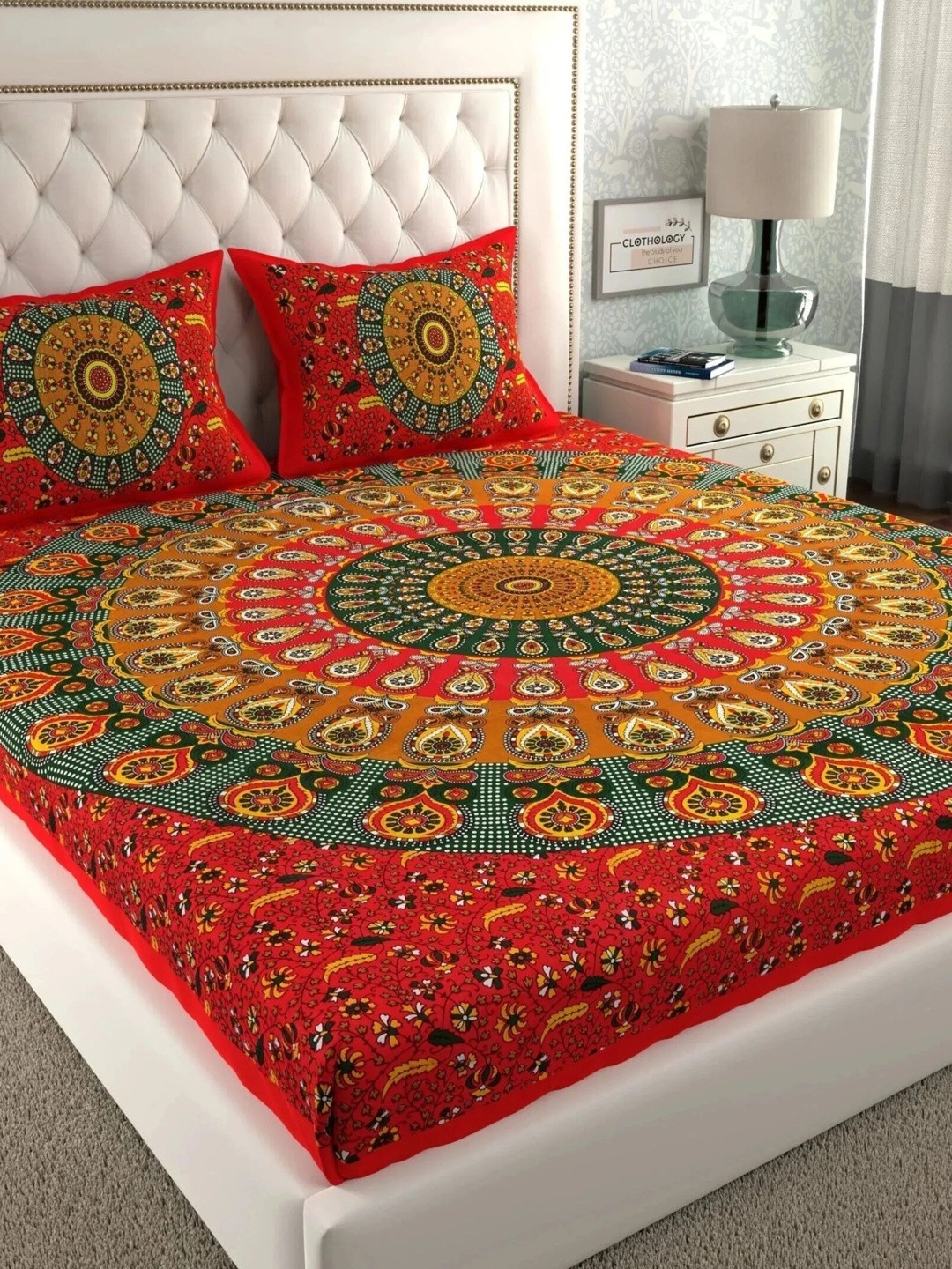 CLOTHOLOGY Crimson Red Mandala Print Surya Cotton Double Flat 104 TC Jaipuri Prints Bedsheet Set