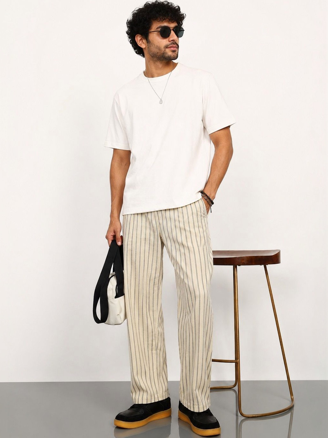HERE&NOW Men Cream Striped Trouser