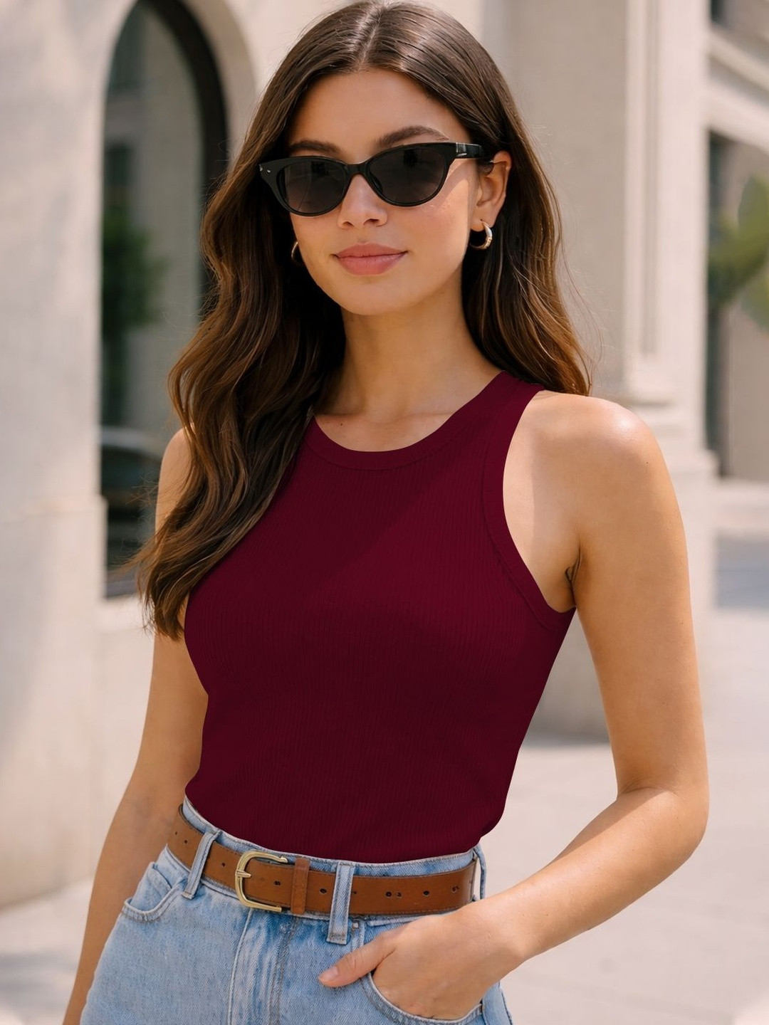 Burgundy Ribbed Solid Sleeveless Tank Top