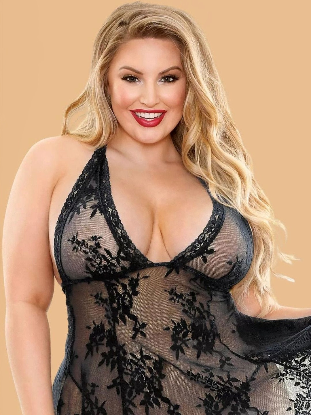 ZERJAMA Halter Neck Sheer Lace Plus Size Baby Doll