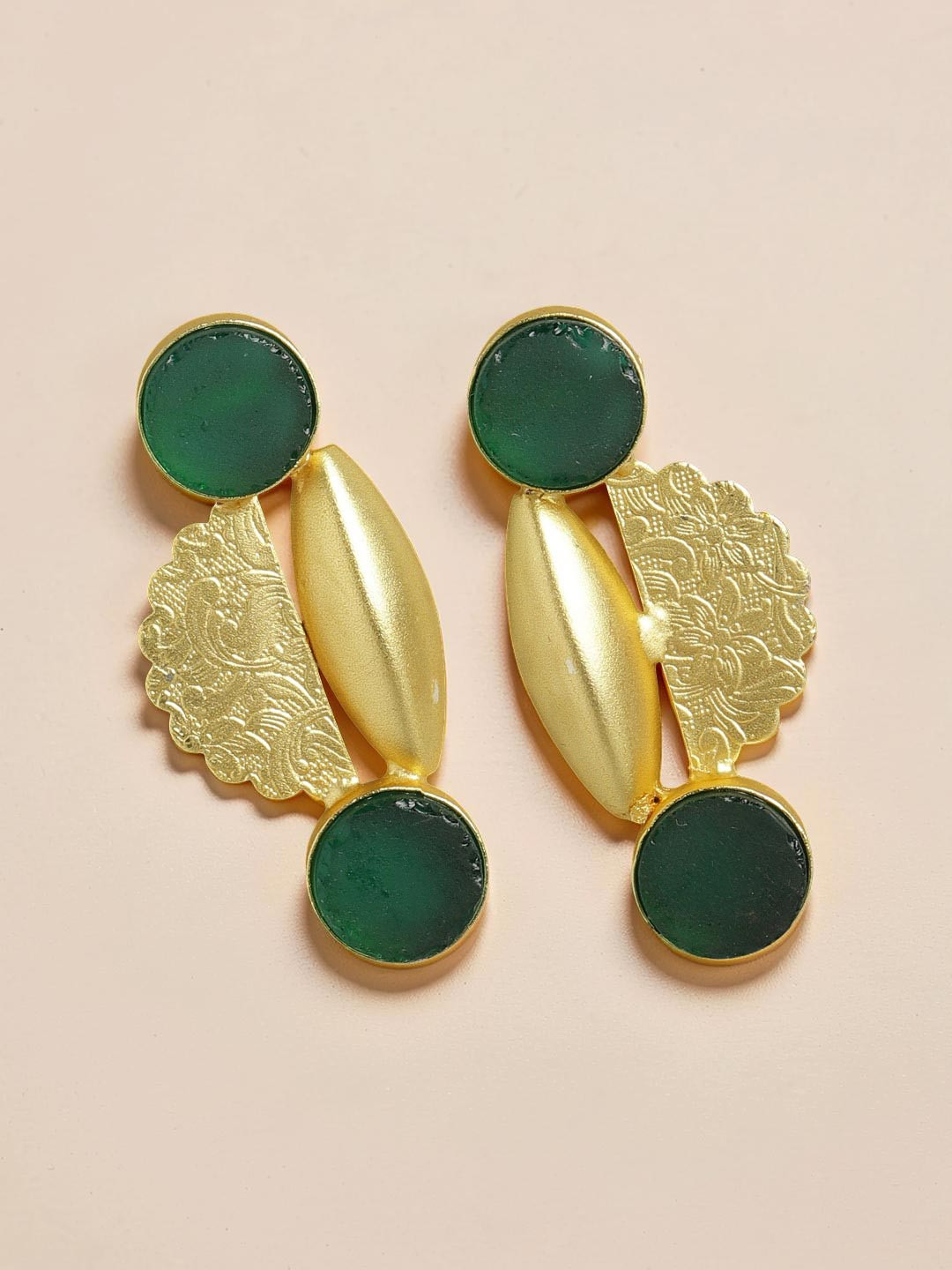 Golden Peacock Gold-Toned & Green Stone Studded Contemporary Studs Earrings