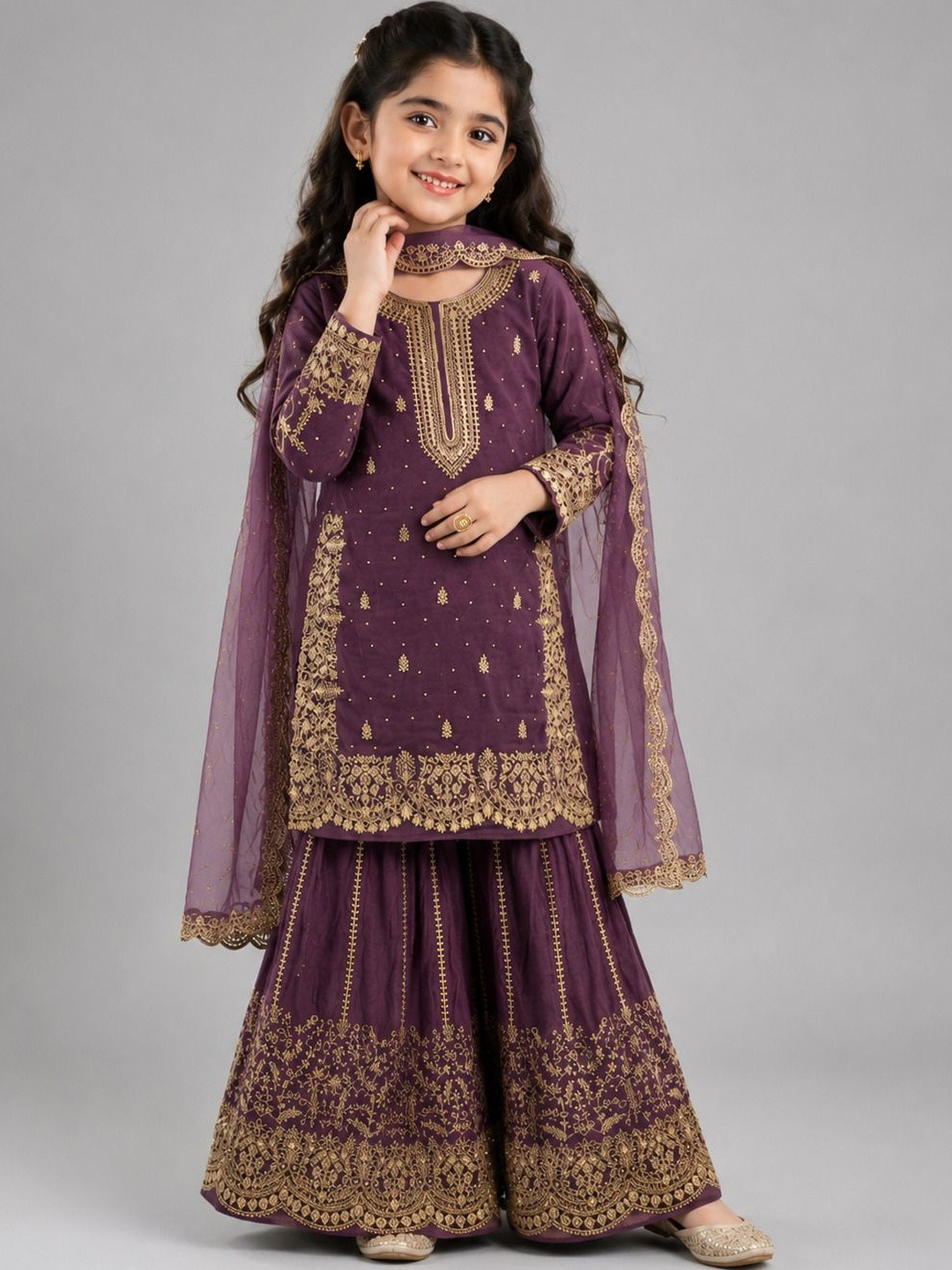 Sangria Girls Ethnic Motifs Embroidered Regular Kurta with Sharara & With Dupatta