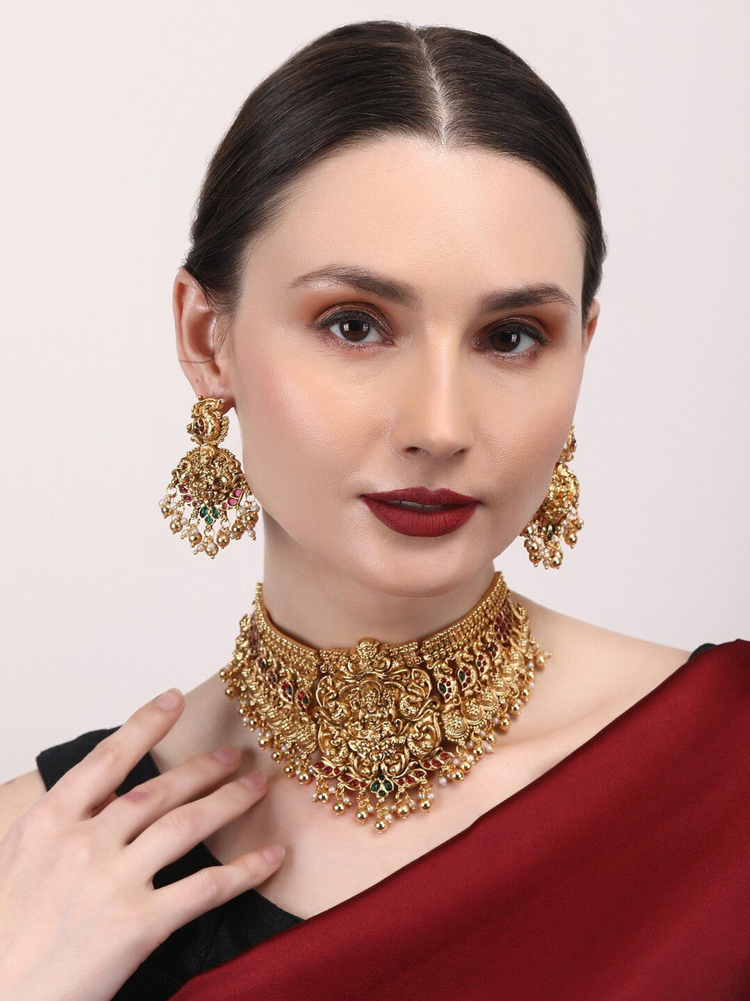 StileAdda Gold-Plated Stone Studded Temple Necklace & Earrings