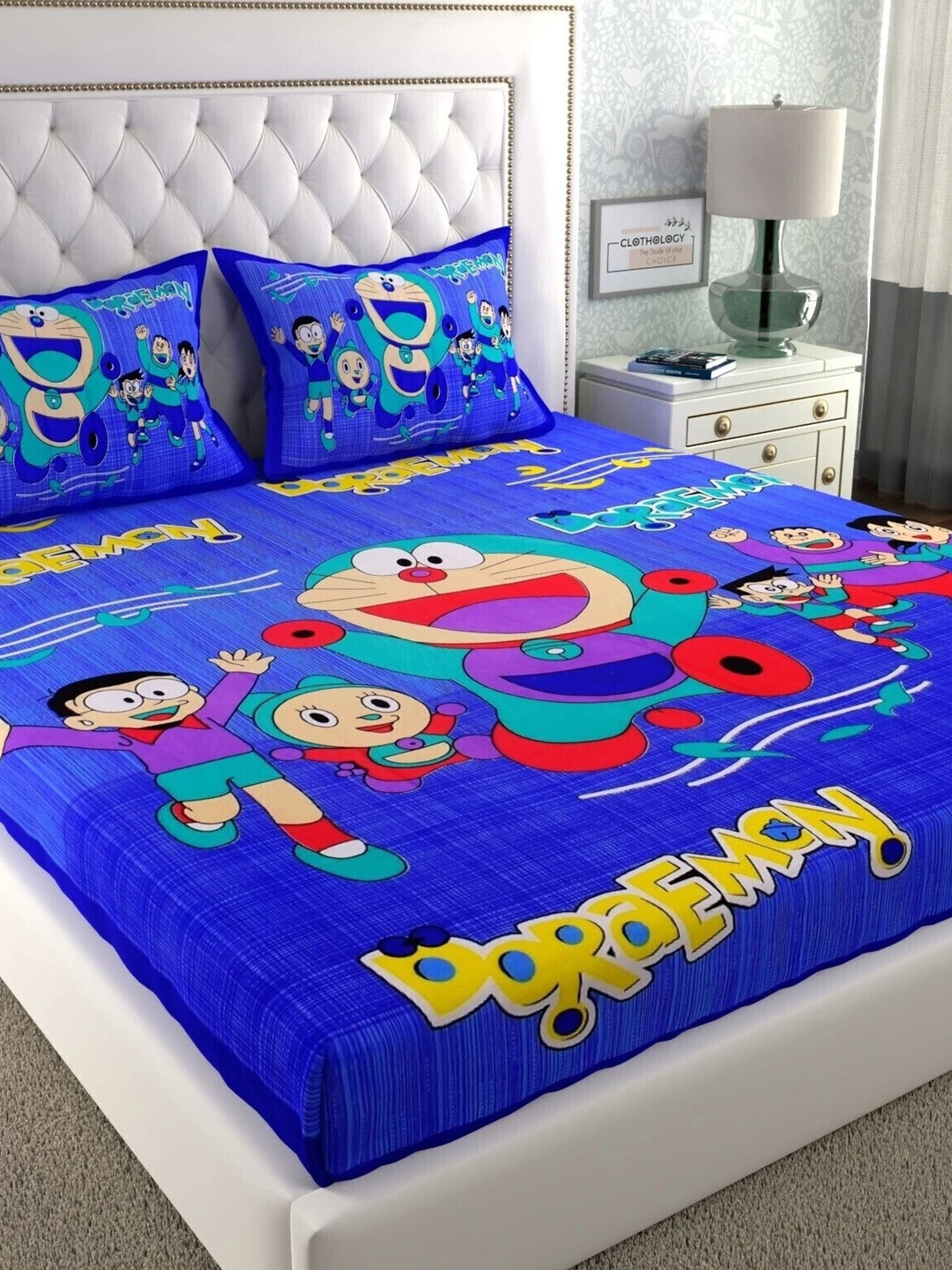 CLOTHOLOGY Royal Blue Character Print The Nostalgia Loom Cotton Double Flat 104 TC Jaipuri Prints Bedsheet Set