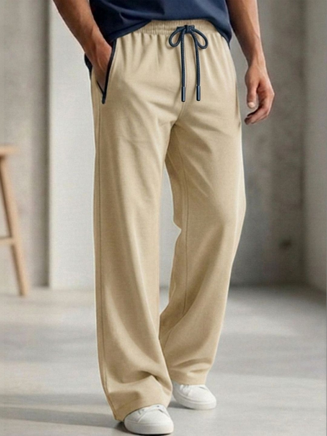 RETWE Men Solid Pure Cotton Zip Pocket Baggy Fit Beige Gym Sports Track Pants