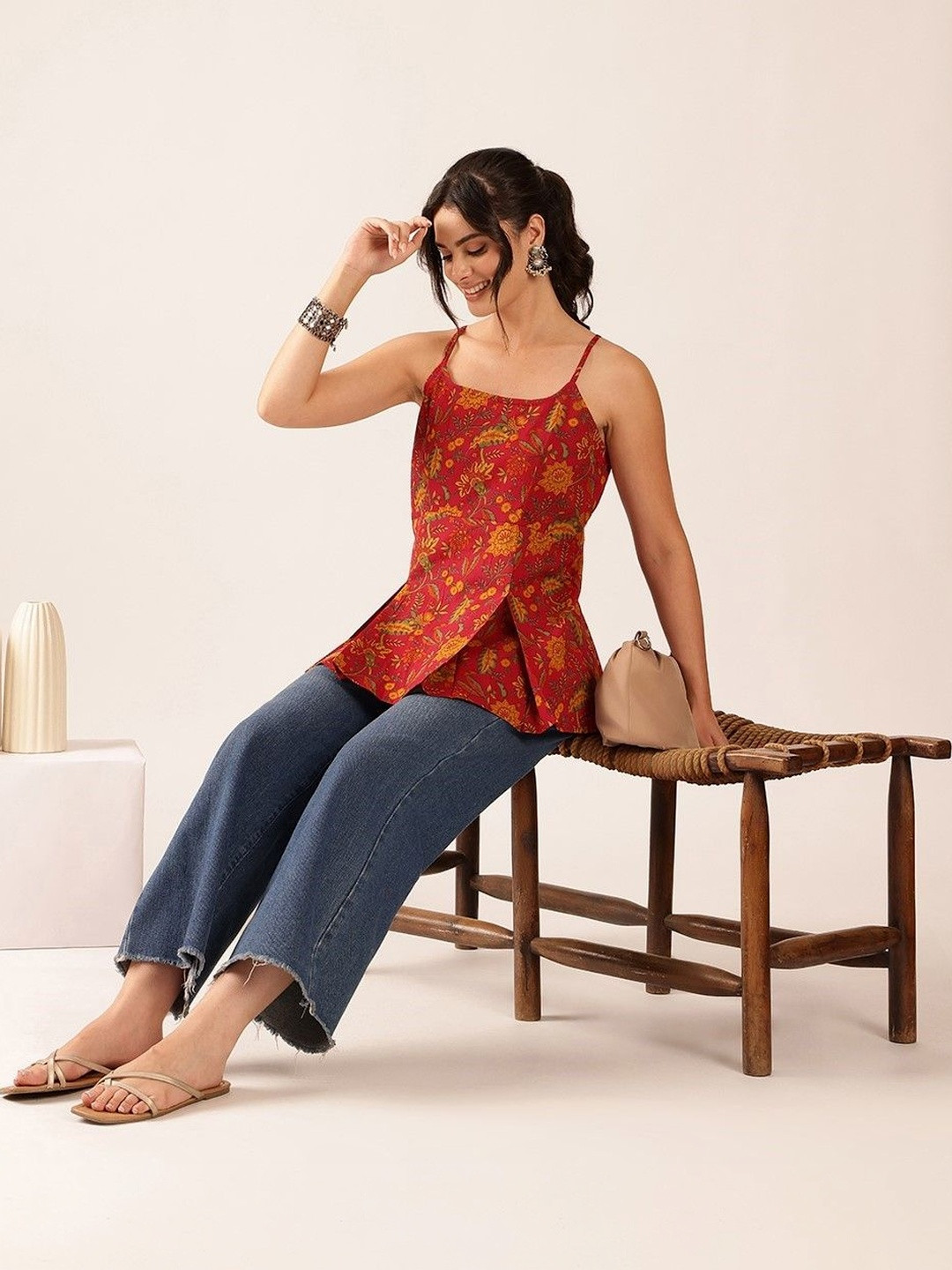 Vbuyz Womens Coral Printed Cotton Flared Top with Spaghetti Straps