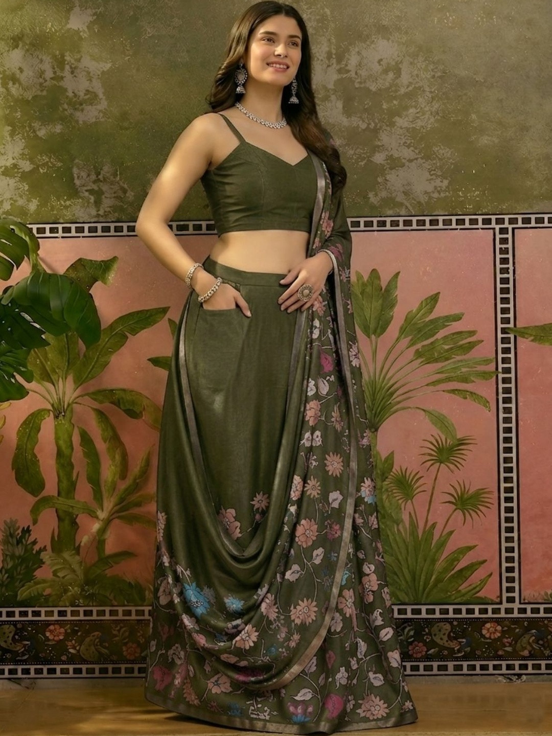 KALINI Floral Zari Linen Blend Fusion Khadi Saree