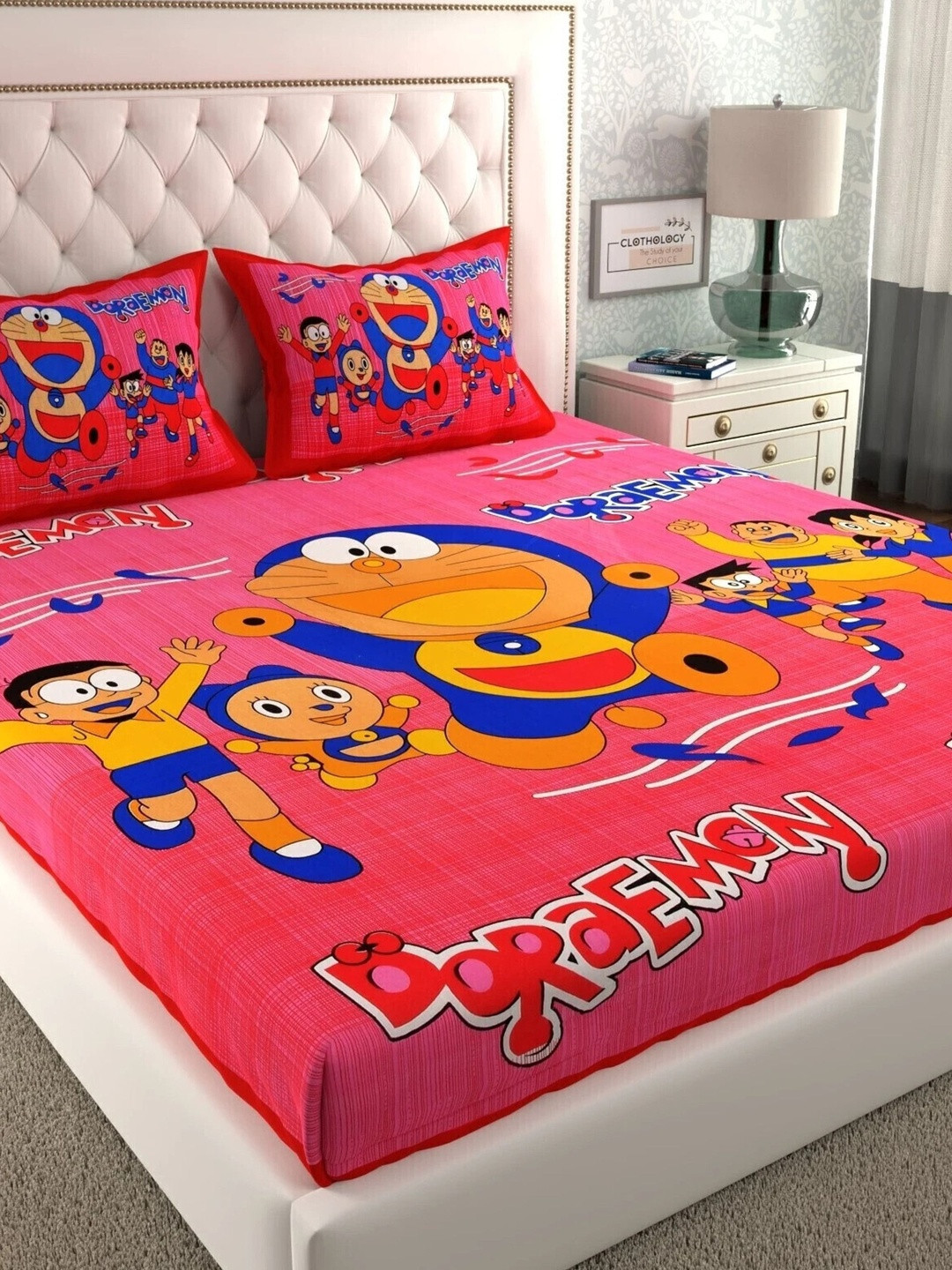 CLOTHOLOGY Magenta Pink Character Print The Nostalgia Loom Cotton Double Flat 104 TC Jaipuri Prints Bedsheet Set