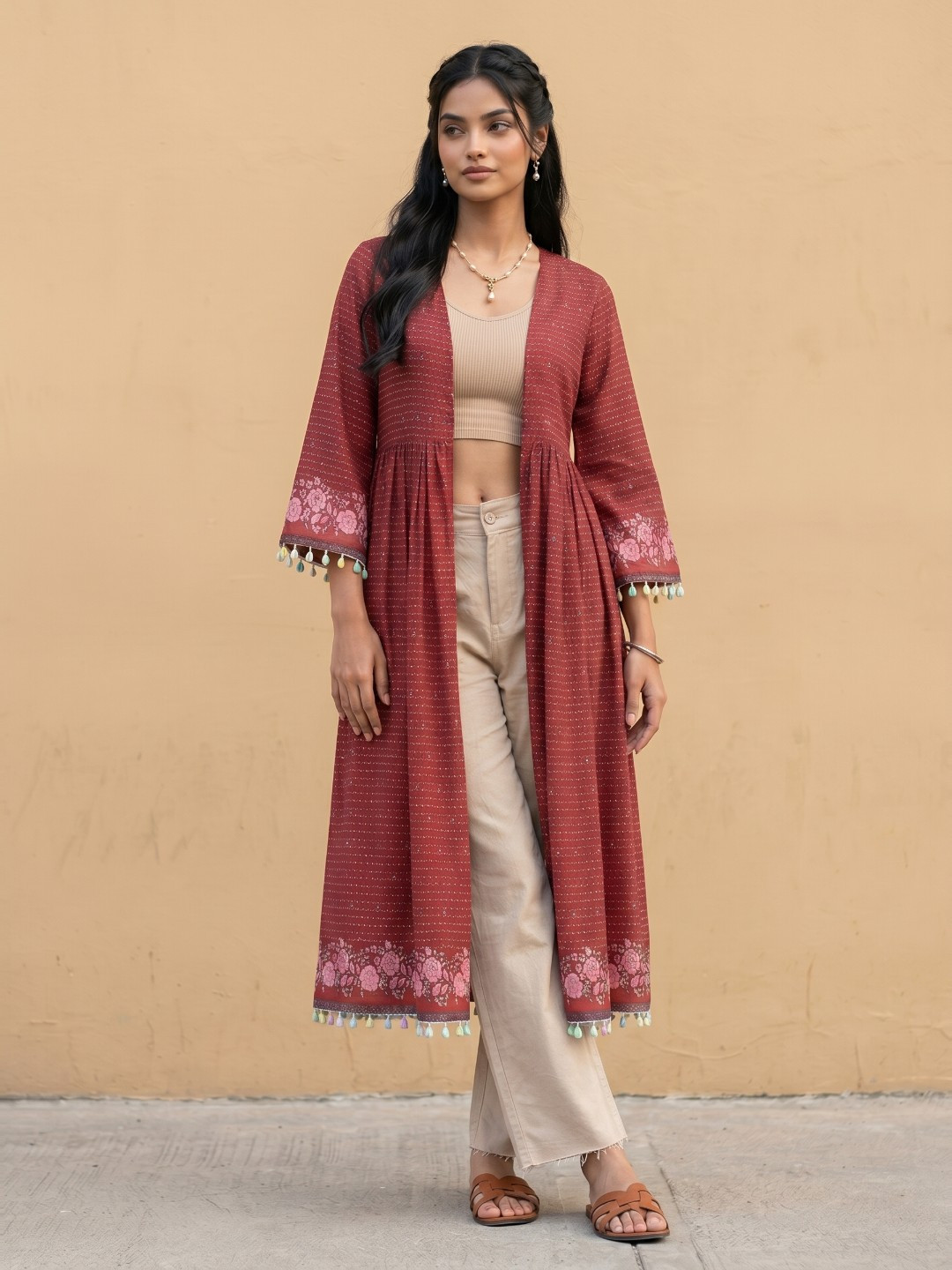 fusion by glitchez Floral Printed Shell Embellished Longline Shrug