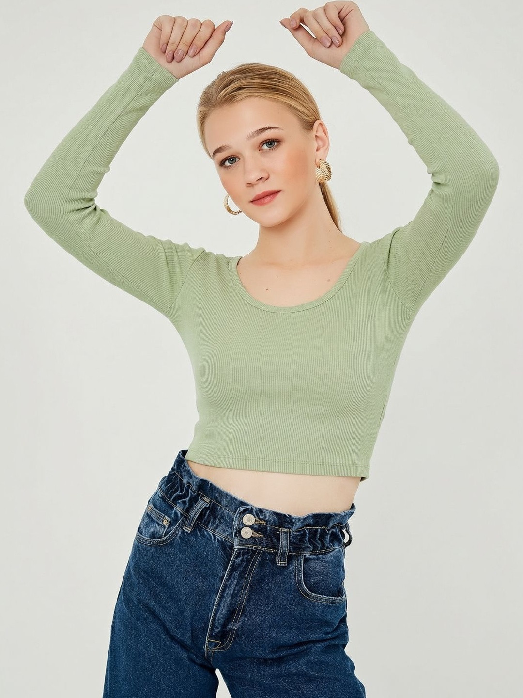 Quintessentials Women Ribbed Solid Scoop Neck Long Sleeve Pista Green Crop Top