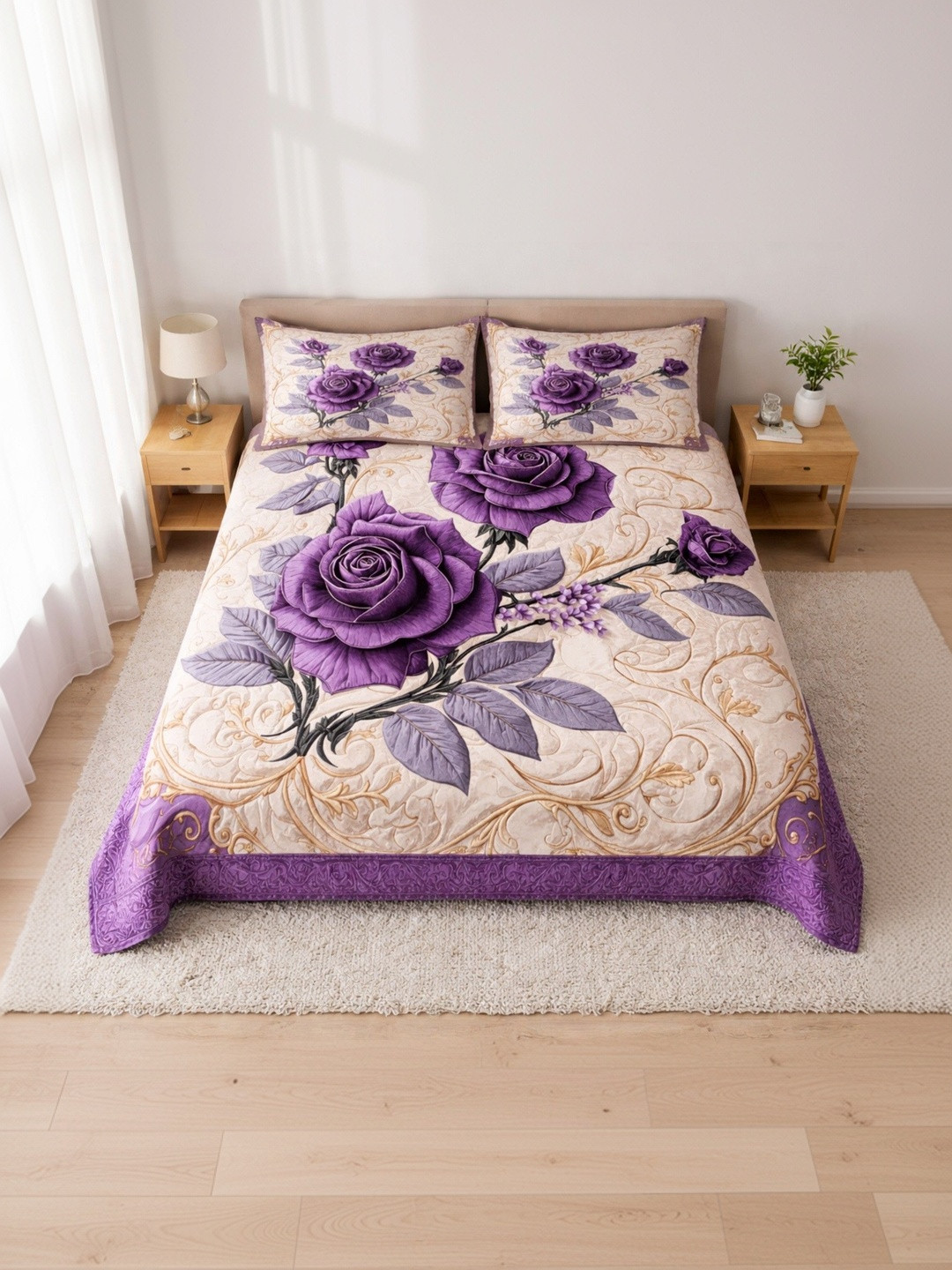 ButterThread Purple Floral 150 TC King Bedsheet with 2 Pillow Covers