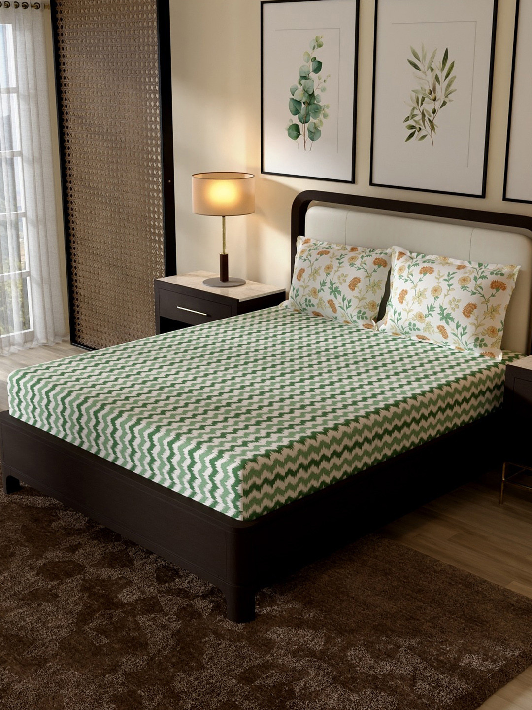 Portico New York Signature White Floral 144 TC King Bedsheet with 2 Pillow Covers